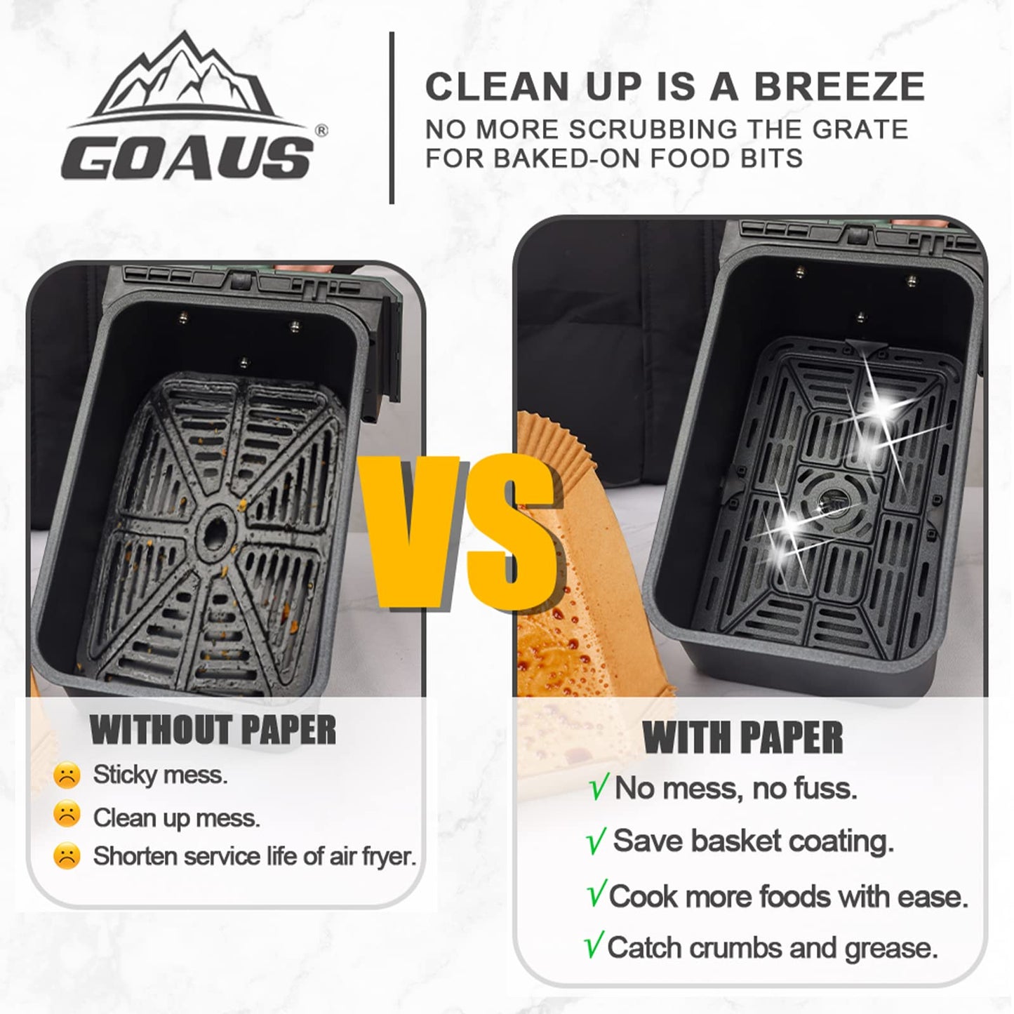 GOAUS Parchment Paper Liners 8.6x5.5 inch for Dual Air Fryer 2 Baskets 8 Qt and above, 150 Pcs Air Fryer Liners Disposable Rectangle Fit Ninja DZ201 DZ401 DZ090