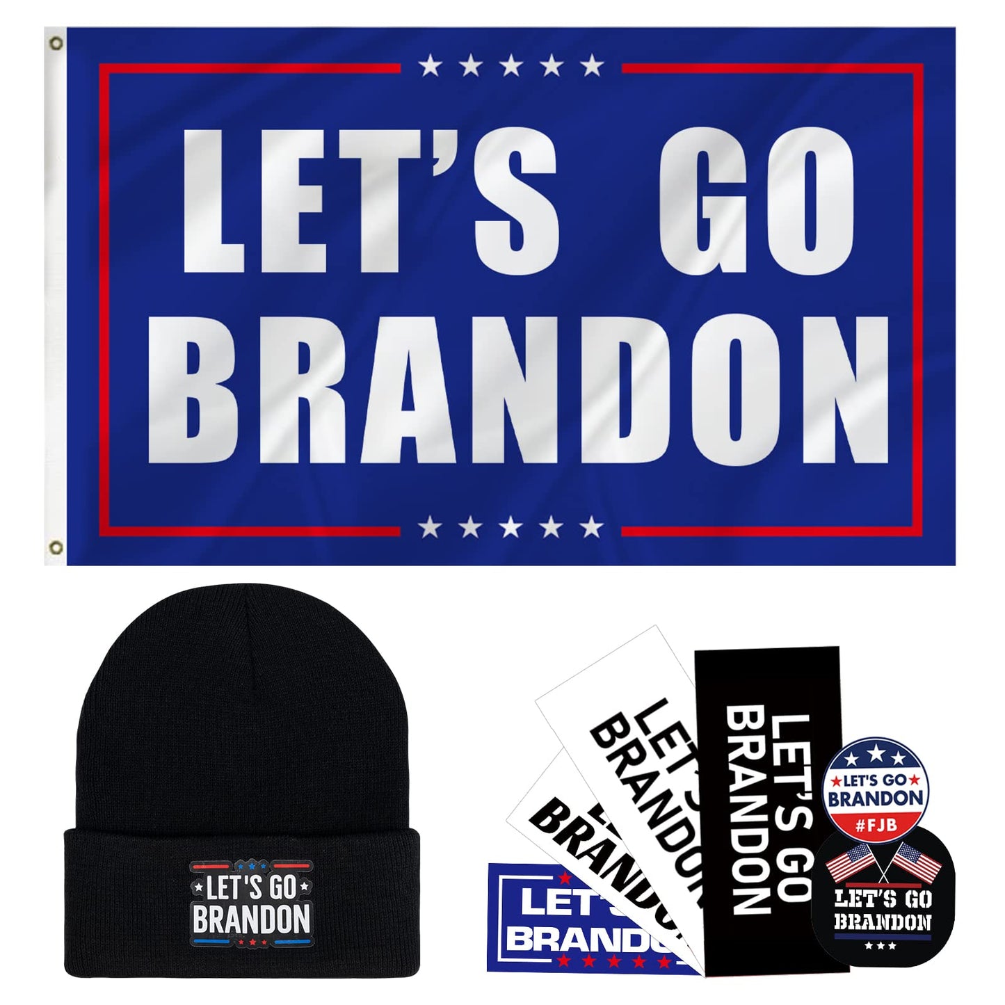 Lets Go Brando Flag 3X5 Feet, Novelty Braddon Beanie Hat,12 Pcs Bumper Stickers FJB Funny Car Decals