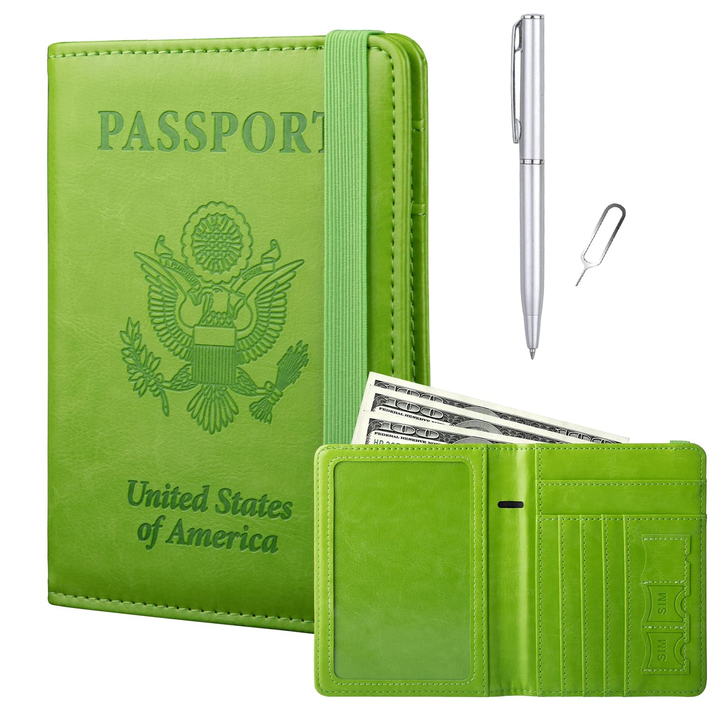 GOAUS Passport Holder with Money Pocket and Card Slots, Men Women Passport Wallet, RFID Blocking Passport Cover, Passport Book Case Green