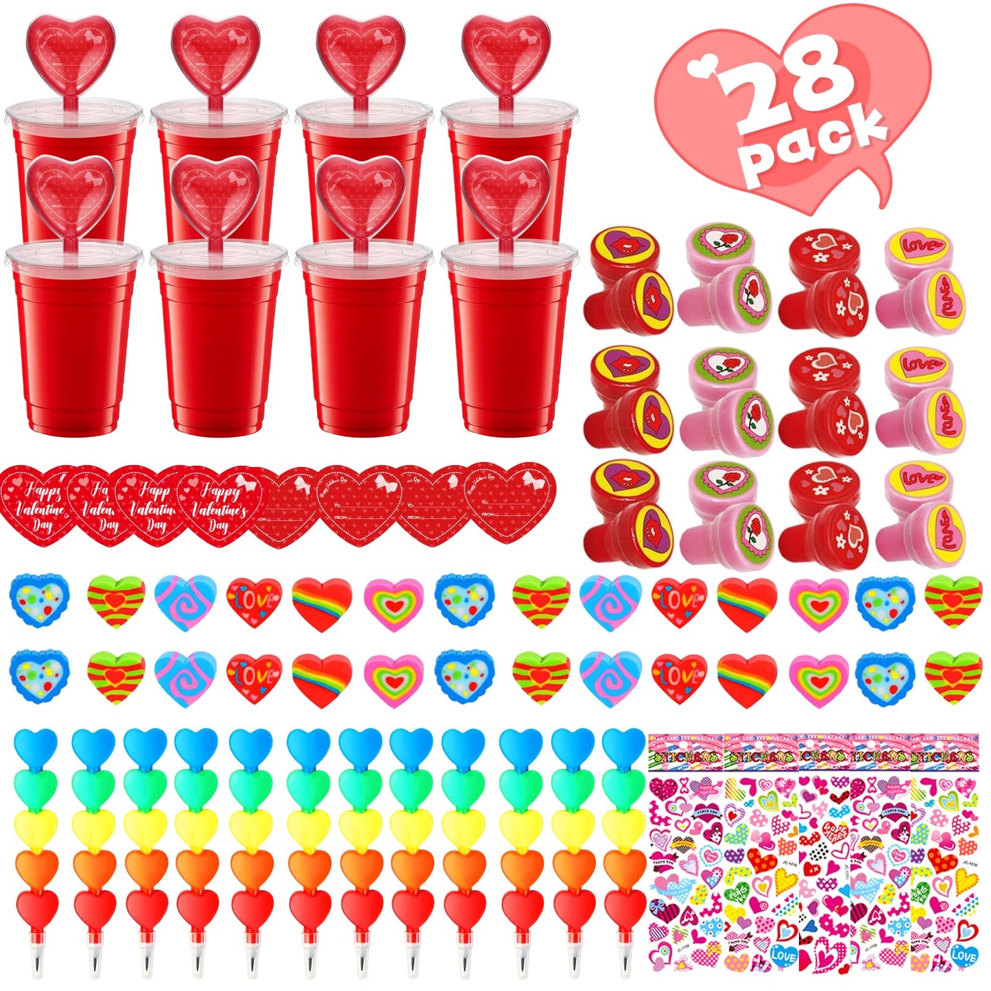 GOAUS Valentines Day Gifts for Kids Classroom 28 Pack, Valentines Exchange Cards Heart Shaped Box Pencils Erasers School Stationery Set, Class Prizes Goodie Bags Party Favor Supplies