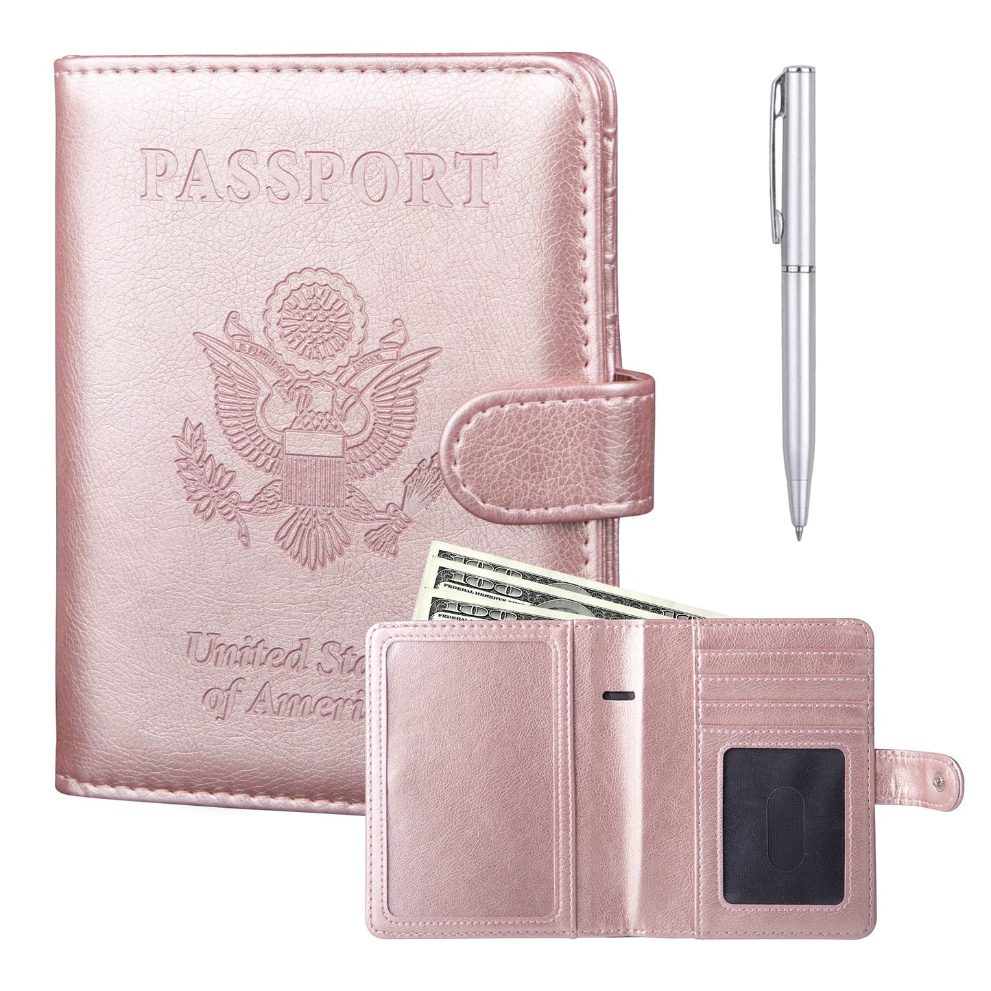 GOAUS Passport Holder with Money Pocket and Card Slots, Men Women Passport Wallet, RFID Blocking Passport Cover, Passport Book Case Rose Gold