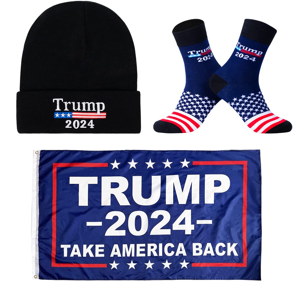 Trump 2024 Flag 3X5 Feet Beanie Hat and Novelty Socks for Men Women,Christimas Gifts Stocking Stuffers for Father Dad Grandpa