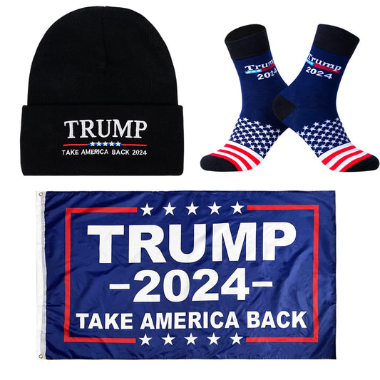 Trump 2024 Flag 3X5 Feet Beanie Hat and Novelty Socks for Men Women,Christimas Gifts Stocking Stuffers for Father Dad Grandpa