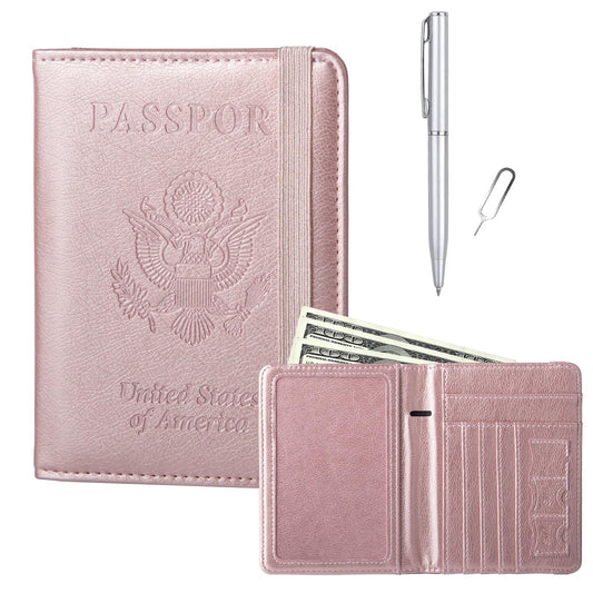 GOAUS Passport Holder with Money Pocket and Card Slots, Men Women Passport Wallet, RFID Blocking Passport Cover, Passport Book Case Rose Gold