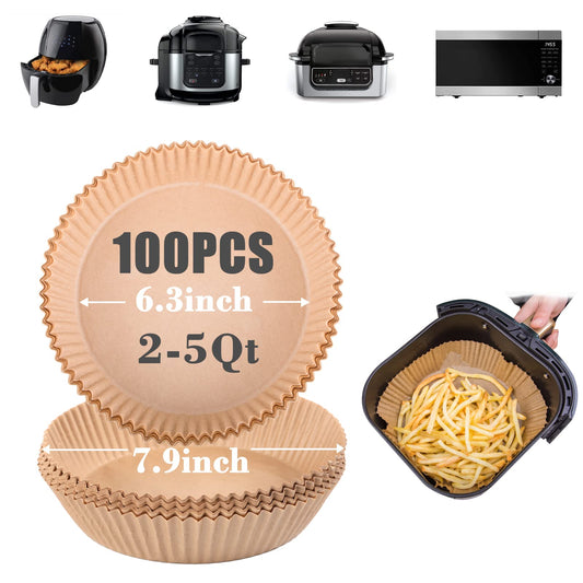 GOAUS Air Fryer 100 Pcs Round Paper Liners Disposable for 2 to 5 Qt Basket, 6.3 inch Unbleached Non-stick Parchment Paper