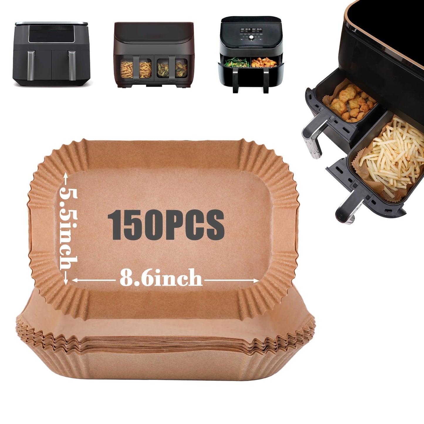 GOAUS Parchment Paper Liners 8.6x5.5 inch for Dual Air Fryer 2 Baskets 8 Qt and above, 150 Pcs Air Fryer Liners Disposable Rectangle Fit Ninja DZ201 DZ401 DZ090