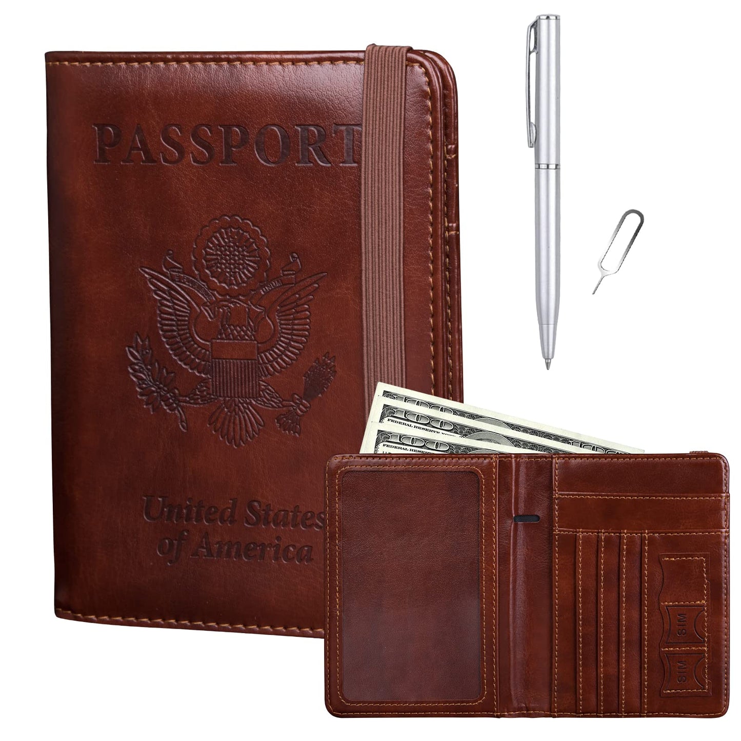 GOAUS Passport Holder with Money Pocket and Card Slots, Men Women Passport Wallet, RFID Blocking Passport Cover, Passport Book Case Brown