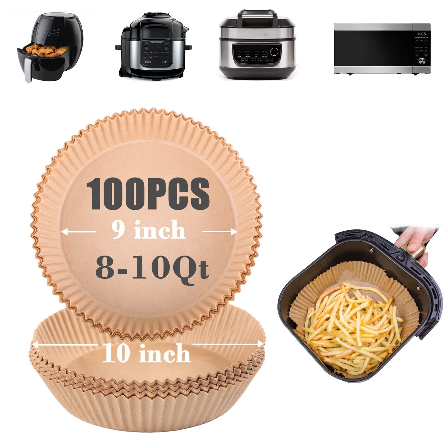 GOAUS Air Fryer 100 Pcs Round Paper Liners Disposable [Extra Large] for 8 Qt or Above Basket, 9 inch Unbleached Non-stick Parchment Paper