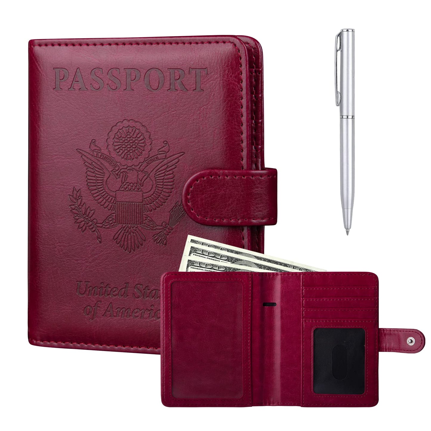 GOAUS Passport Holder with Money Pocket and Card Slots, Men Women Passport Wallet, RFID Blocking Passport Cover, Passport Book Case Wine Red