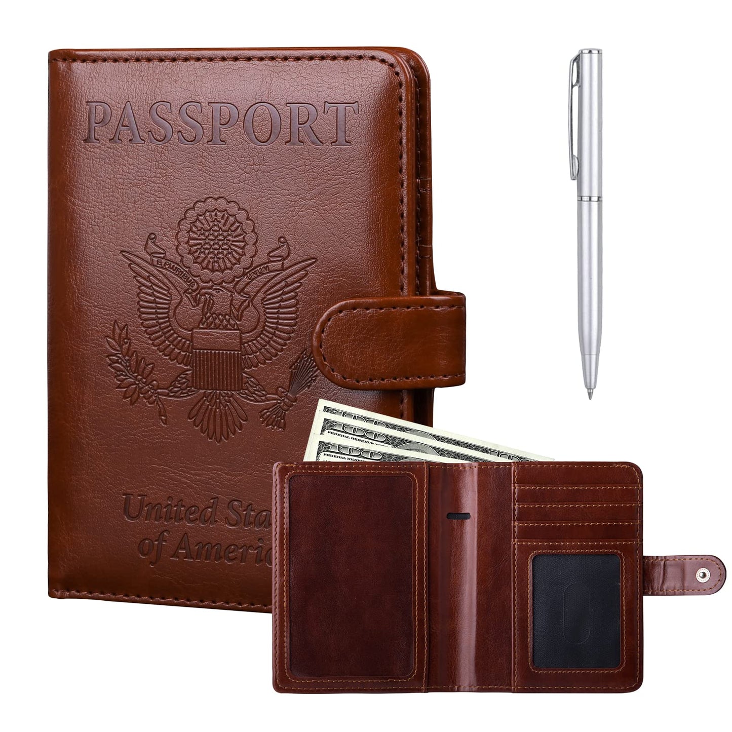 GOAUS Passport Holder with Money Pocket and Card Slots, Men Women Passport Wallet, RFID Blocking Passport Cover, Passport Book Case Brown