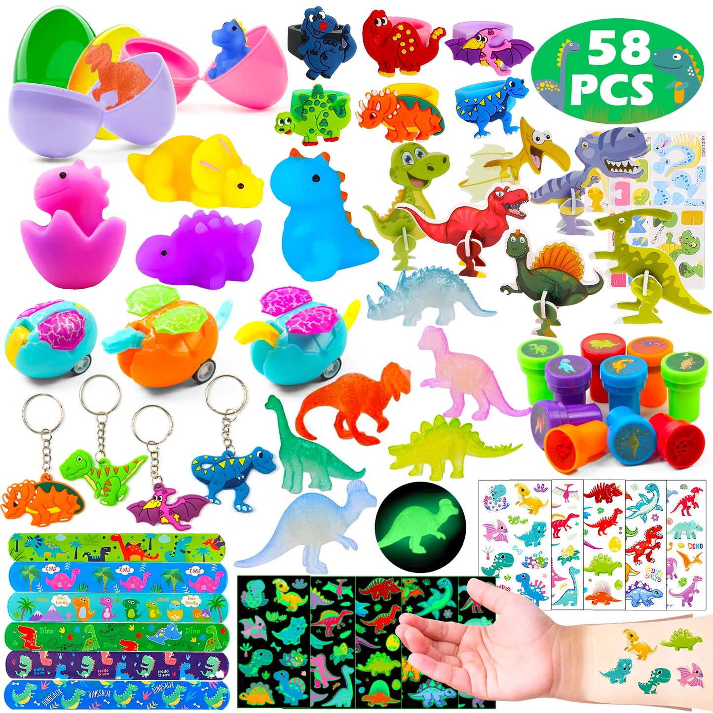 GOAUS Dinosaur Party Favors for Kids, 58 Pcs Easter Egg Fillers Small Dino Themed Toys Bulk, Goodie Bag Pinata Stuffers, Treasure Box Toys Classroom Prizes, Birthday Gift Bag Student Rewards