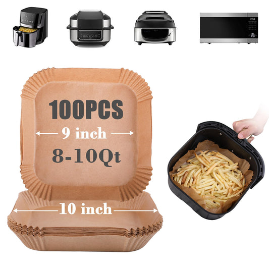 GOAUS Air Fryer 100 Pcs Square Paper Liners Disposable [Extra Large] for 8 Qt or Above Basket, 9 inch Unbleached Non-stick