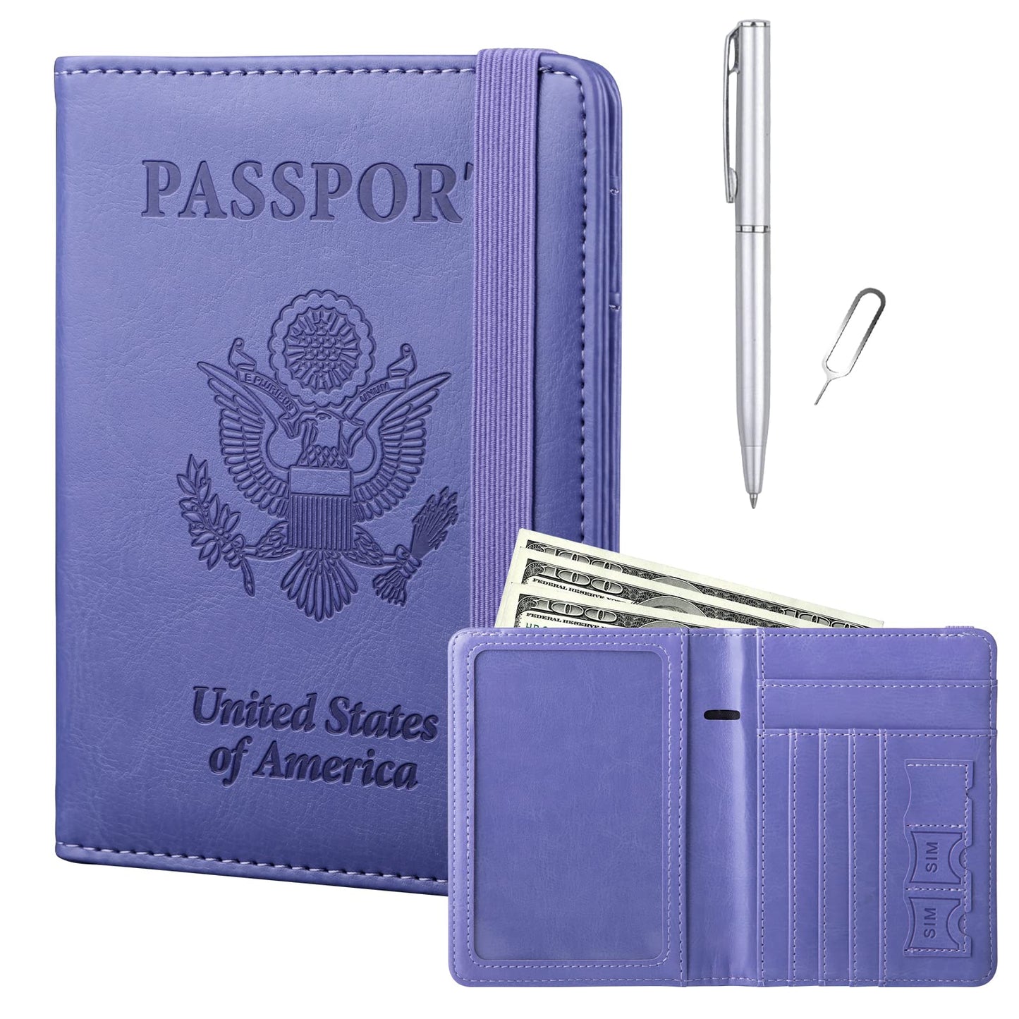 GOAUS Passport Holder with Money Pocket and Card Slots, Men Women Passport Wallet, RFID Blocking Passport Cover, Passport Book Case Purple