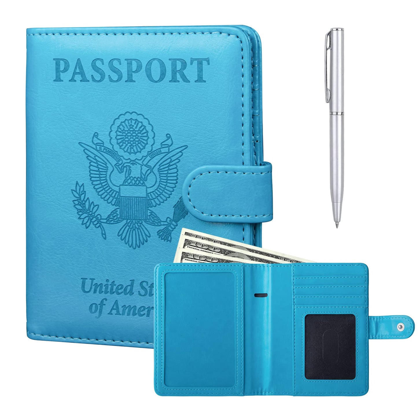 GOAUS Passport Holder with Money Pocket and Card Slots, Men Women Passport Wallet, RFID Blocking Passport Cover, Passport Book Case Blue