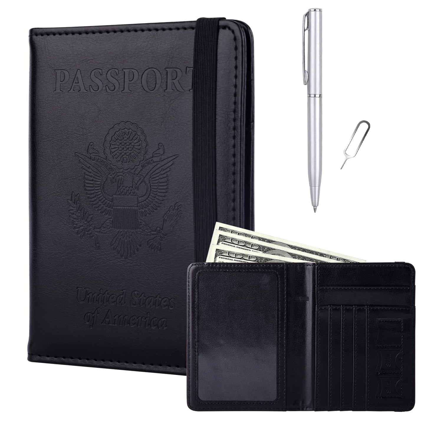 GOAUS Passport Holder with Money Pocket and Card Slots, Men Women Passport Wallet, RFID Blocking Passport Cover, Passport Book Case Black