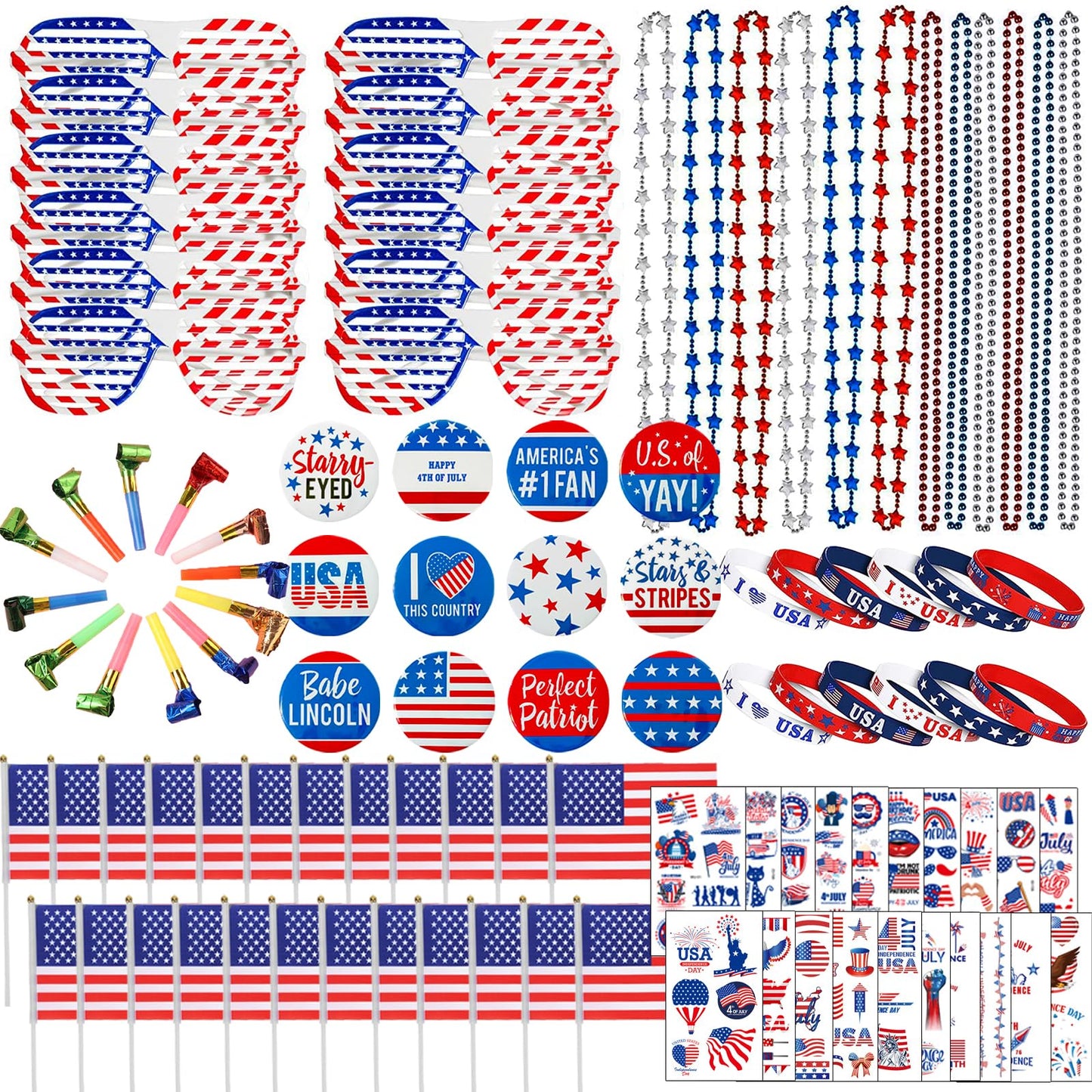 GOAUS Patriotic Party Favors 235 PCS, Red White and Blue Party Supplies, 4th of July Veterans Day Accessories for Kids Adults Men Women Family