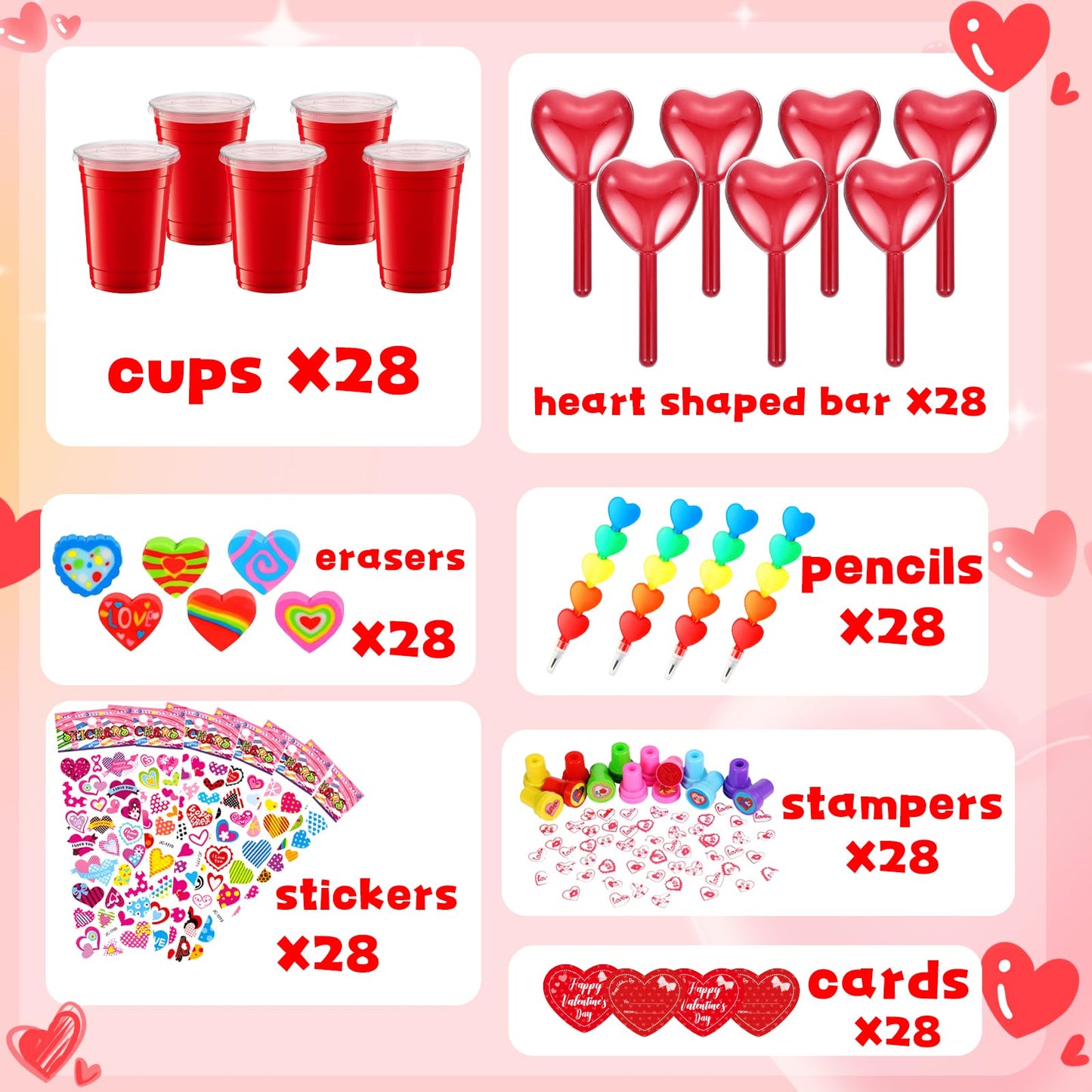 GOAUS Valentines Day Gifts for Kids Classroom 28 Pack, Valentines Exchange Cards Heart Shaped Box Pencils Erasers School Stationery Set, Class Prizes Goodie Bags Party Favor Supplies