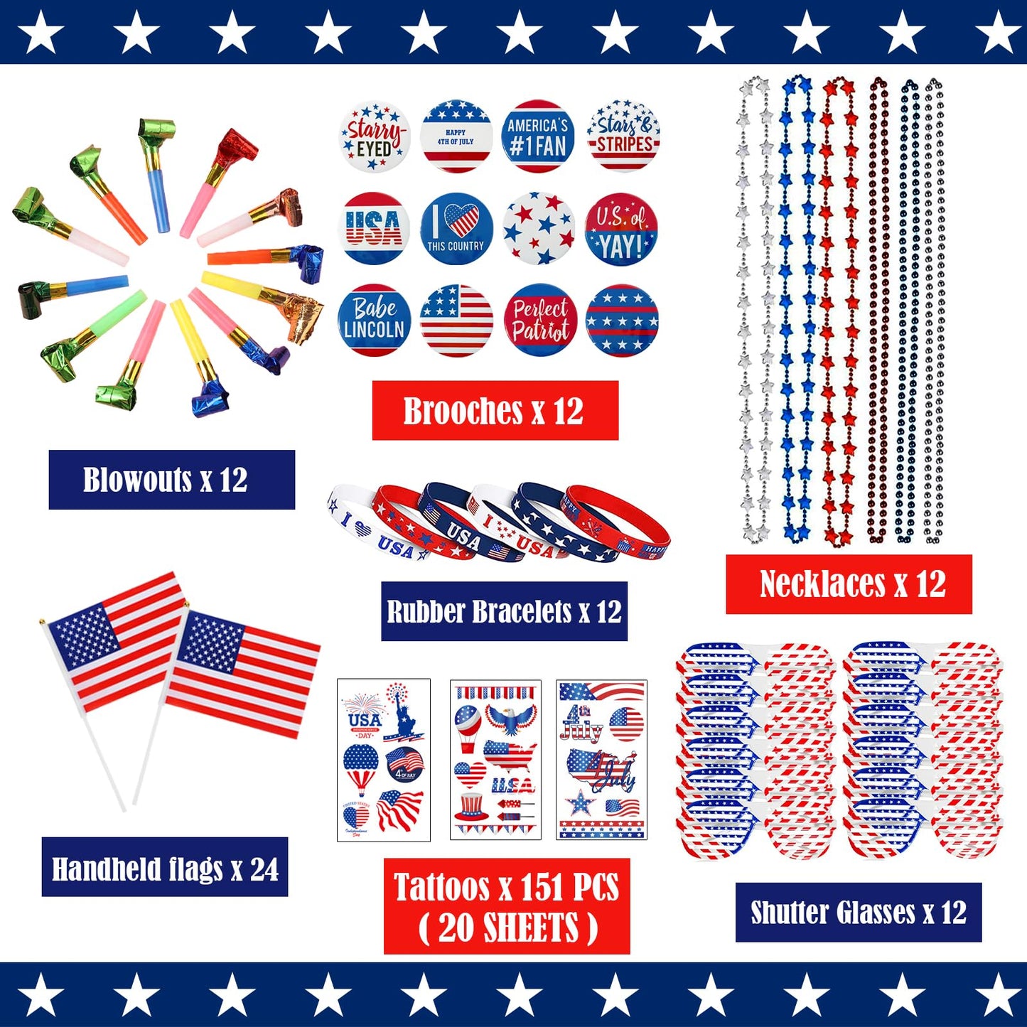 GOAUS Patriotic Party Favors 235 PCS, Red White and Blue Party Supplies, 4th of July Veterans Day Accessories for Kids Adults Men Women Family