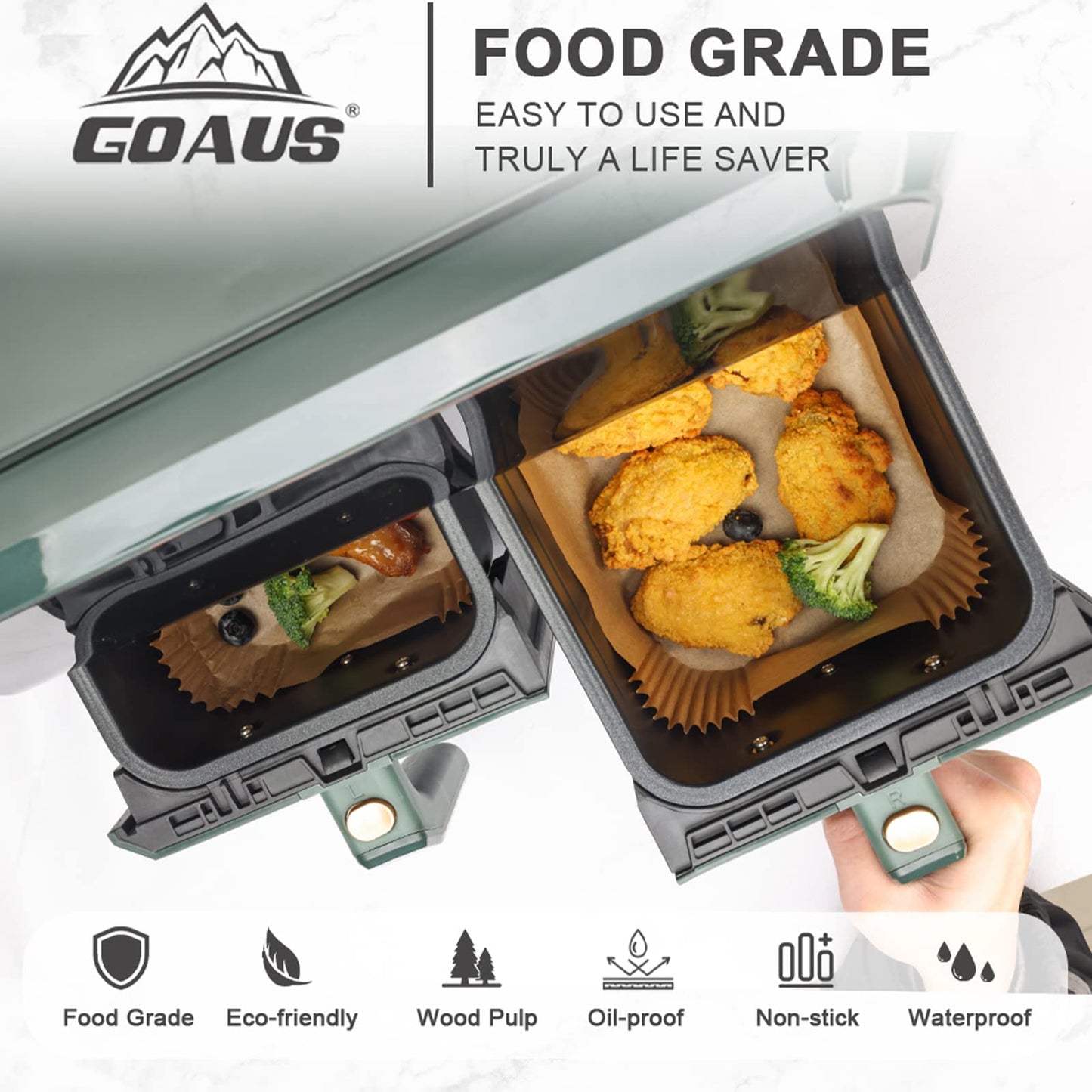 GOAUS Parchment Paper Liners 8.6x5.5 inch for Dual Air Fryer 2 Baskets 8 Qt and above, 150 Pcs Air Fryer Liners Disposable Rectangle Fit Ninja DZ201 DZ401 DZ090