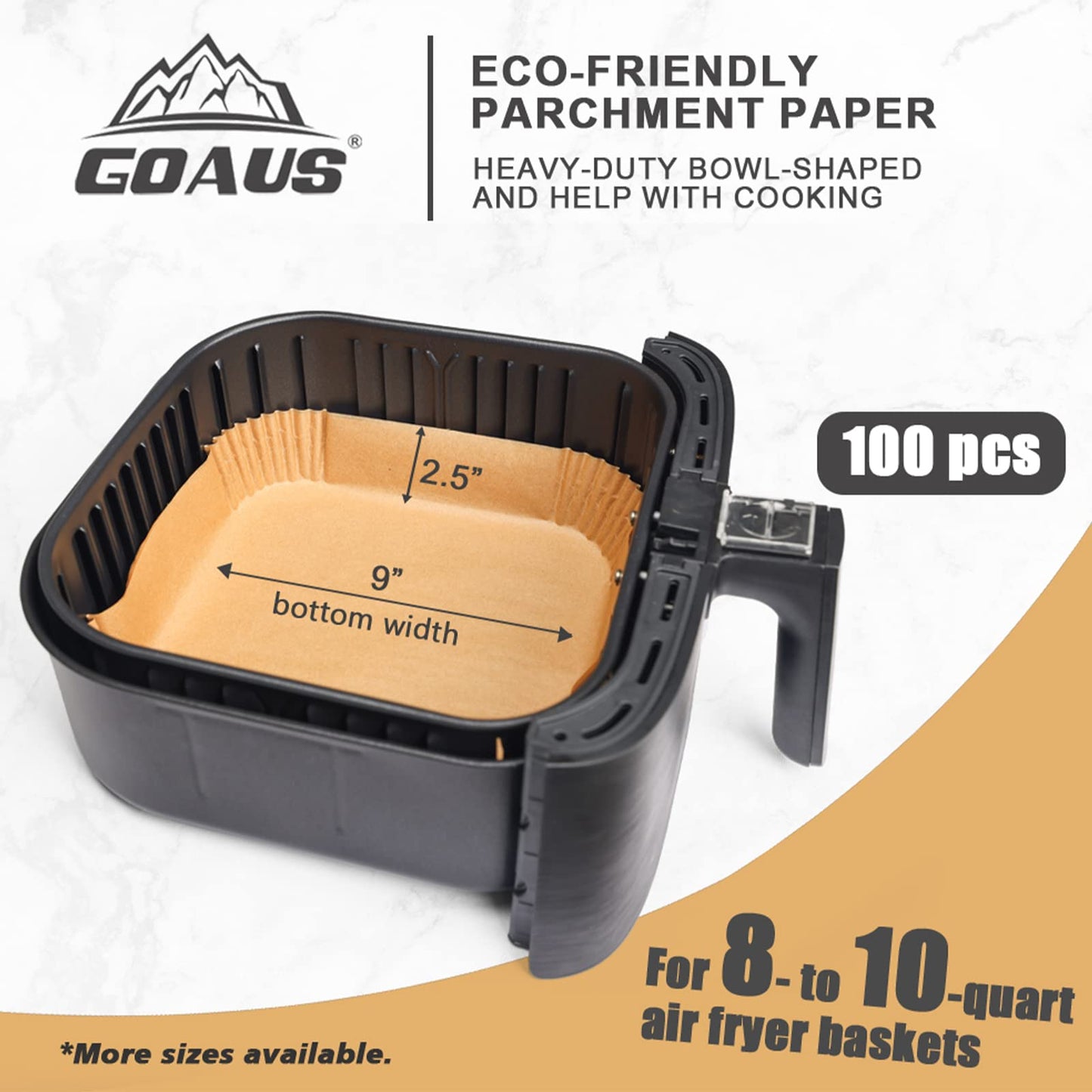 GOAUS Air Fryer 100 Pcs Square Paper Liners Disposable [Extra Large] for 8 Qt or Above Basket, 9 inch Unbleached Non-stick