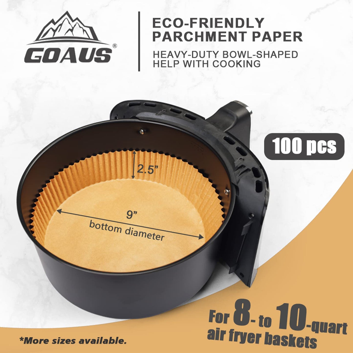 GOAUS Air Fryer 100 Pcs Round Paper Liners Disposable [Extra Large] for 8 Qt or Above Basket, 9 inch Unbleached Non-stick Parchment Paper