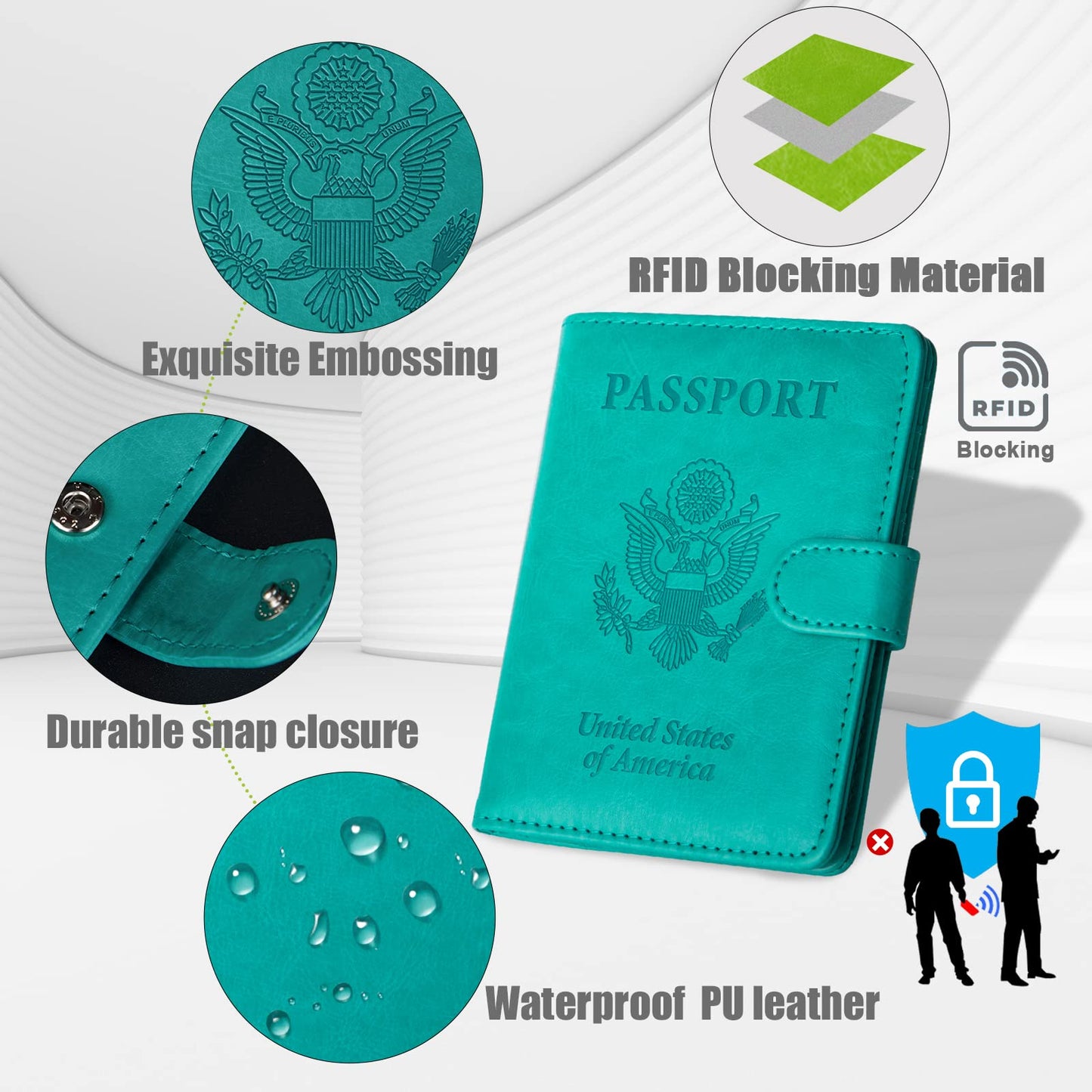 GOAUS Passport Holder with Money Pocket and Card Slots, Men Women Passport Wallet, RFID Blocking Passport Cover, Passport Book Case Turquoise