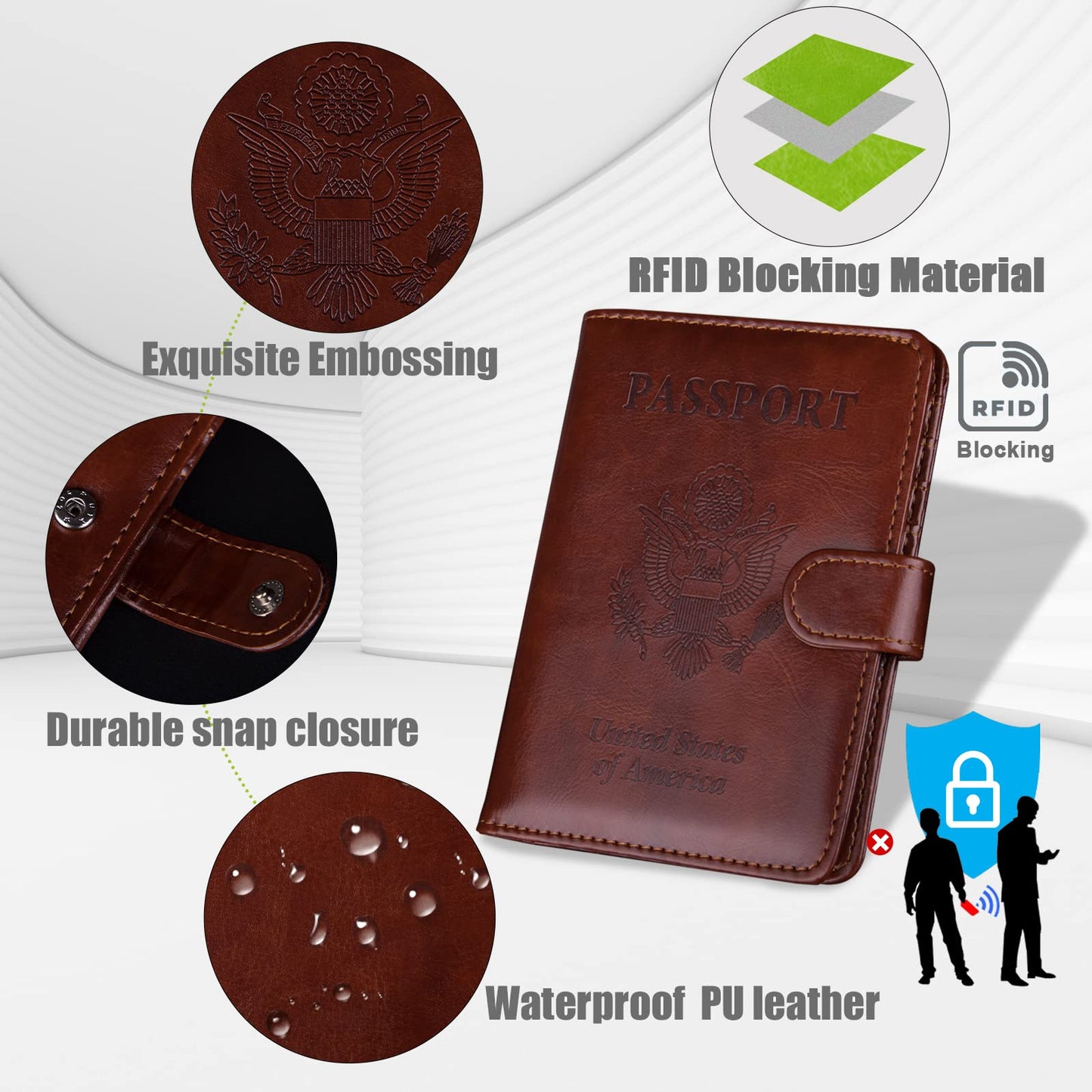 GOAUS Passport Holder with Money Pocket and Card Slots, Men Women Passport Wallet, RFID Blocking Passport Cover, Passport Book Case Brown