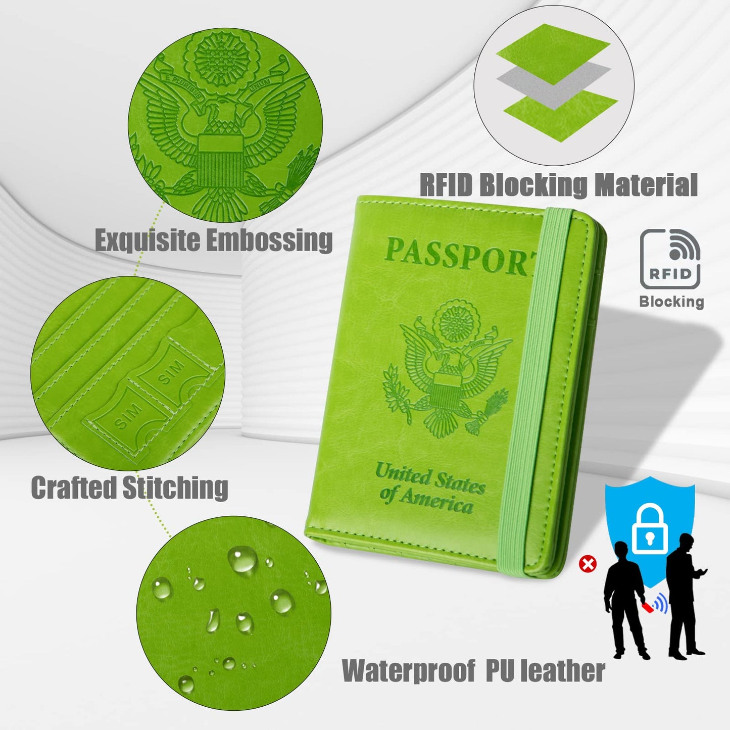 GOAUS Passport Holder with Money Pocket and Card Slots, Men Women Passport Wallet, RFID Blocking Passport Cover, Passport Book Case Green