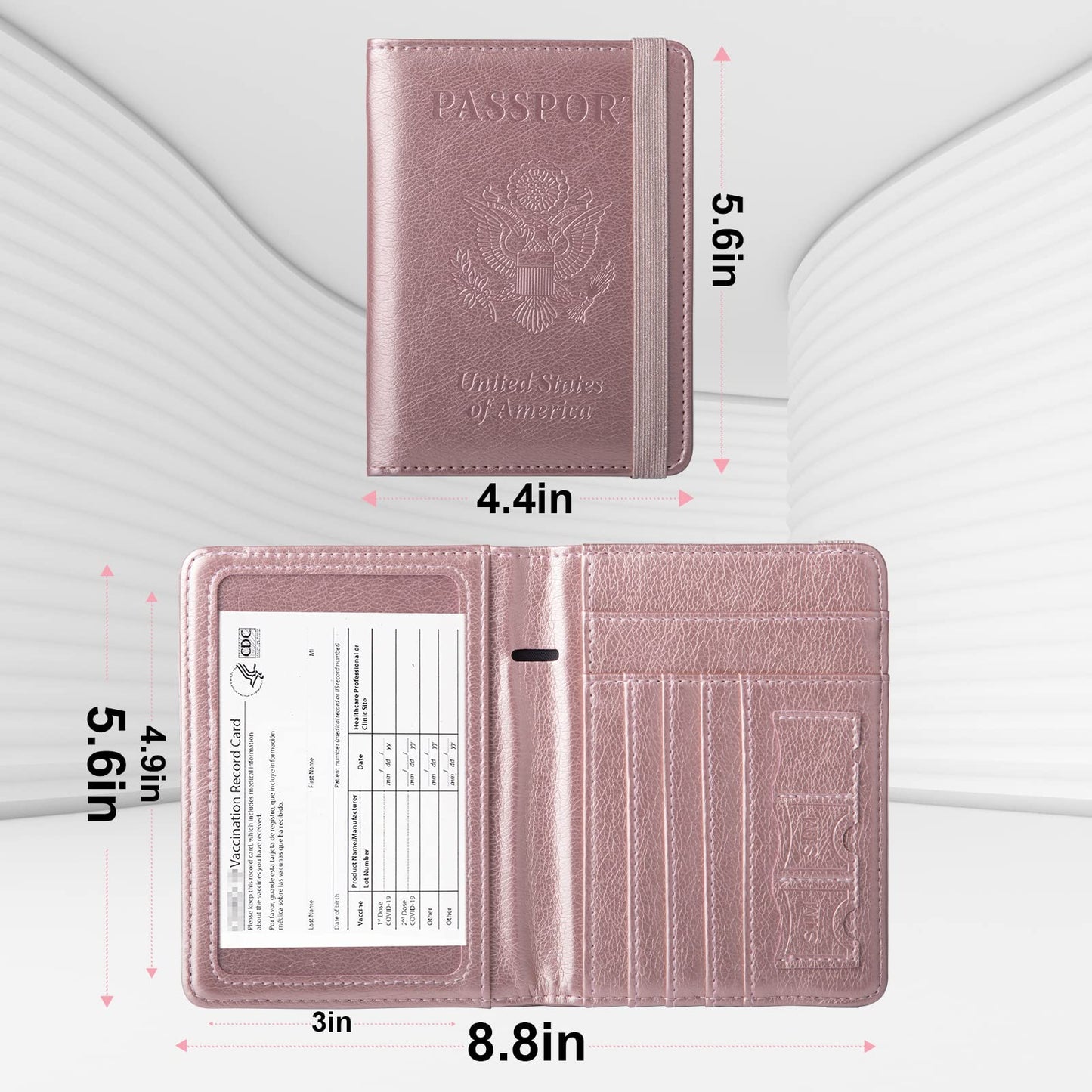 GOAUS Passport Holder with Money Pocket and Card Slots, Men Women Passport Wallet, RFID Blocking Passport Cover, Passport Book Case Rose Gold