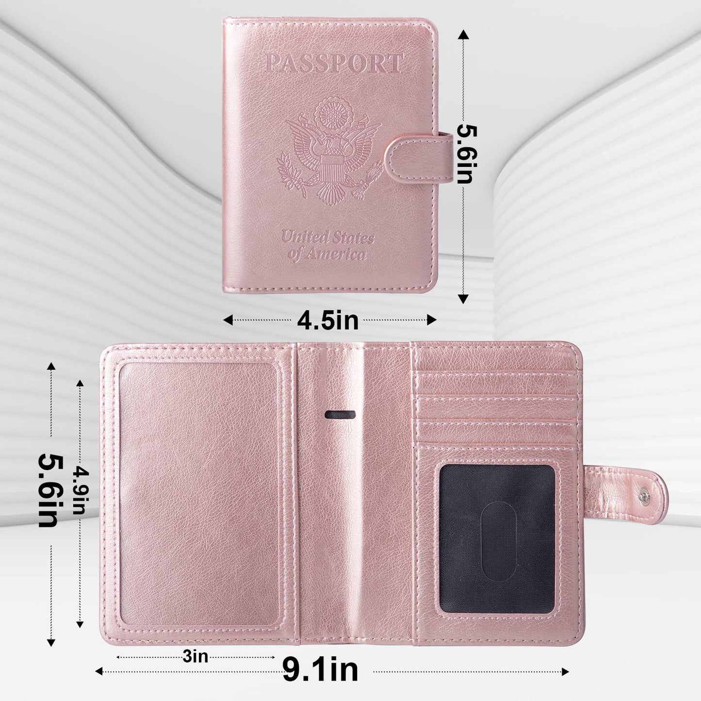 GOAUS Passport Holder with Money Pocket and Card Slots, Men Women Passport Wallet, RFID Blocking Passport Cover, Passport Book Case Rose Gold