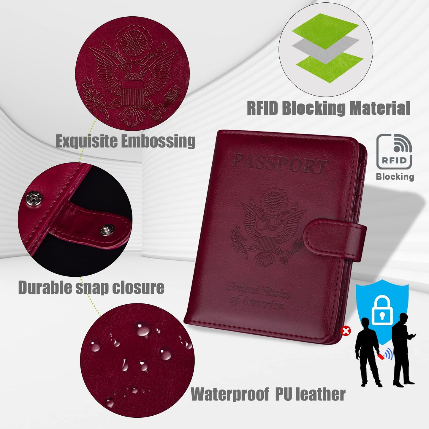 GOAUS Passport Holder with Money Pocket and Card Slots, Men Women Passport Wallet, RFID Blocking Passport Cover, Passport Book Case Wine Red