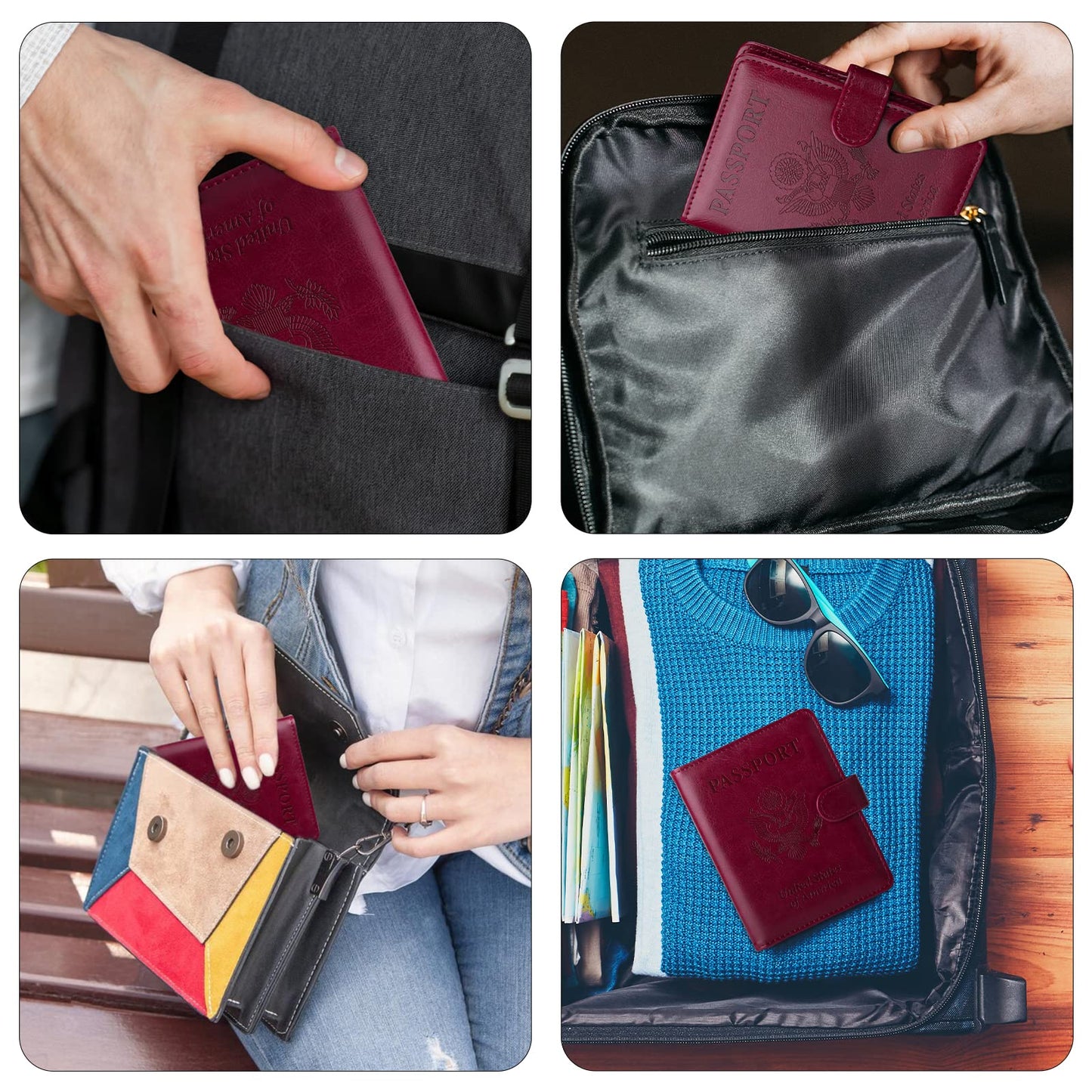 GOAUS Passport Holder with Money Pocket and Card Slots, Men Women Passport Wallet, RFID Blocking Passport Cover, Passport Book Case Wine Red