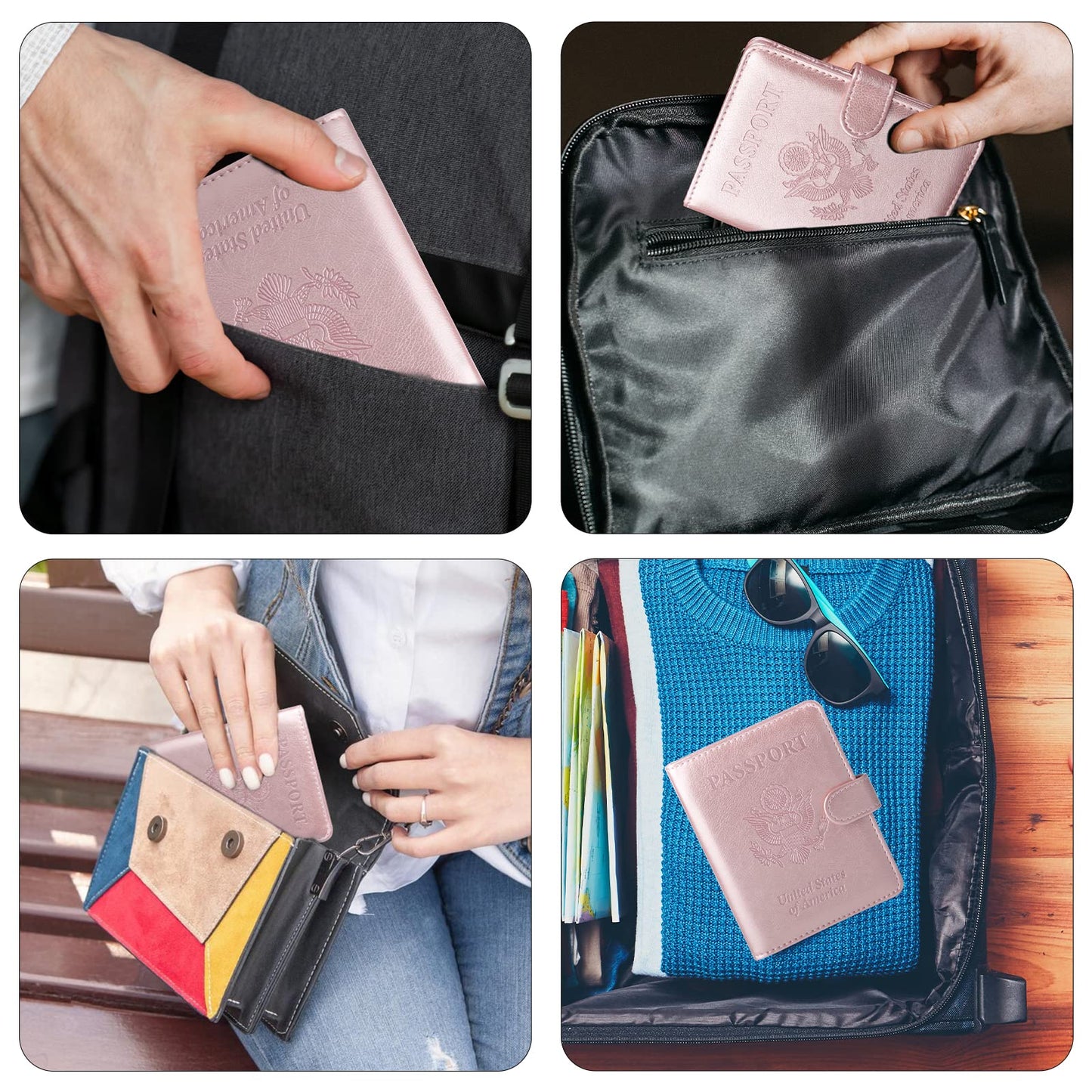 GOAUS Passport Holder with Money Pocket and Card Slots, Men Women Passport Wallet, RFID Blocking Passport Cover, Passport Book Case Rose Gold