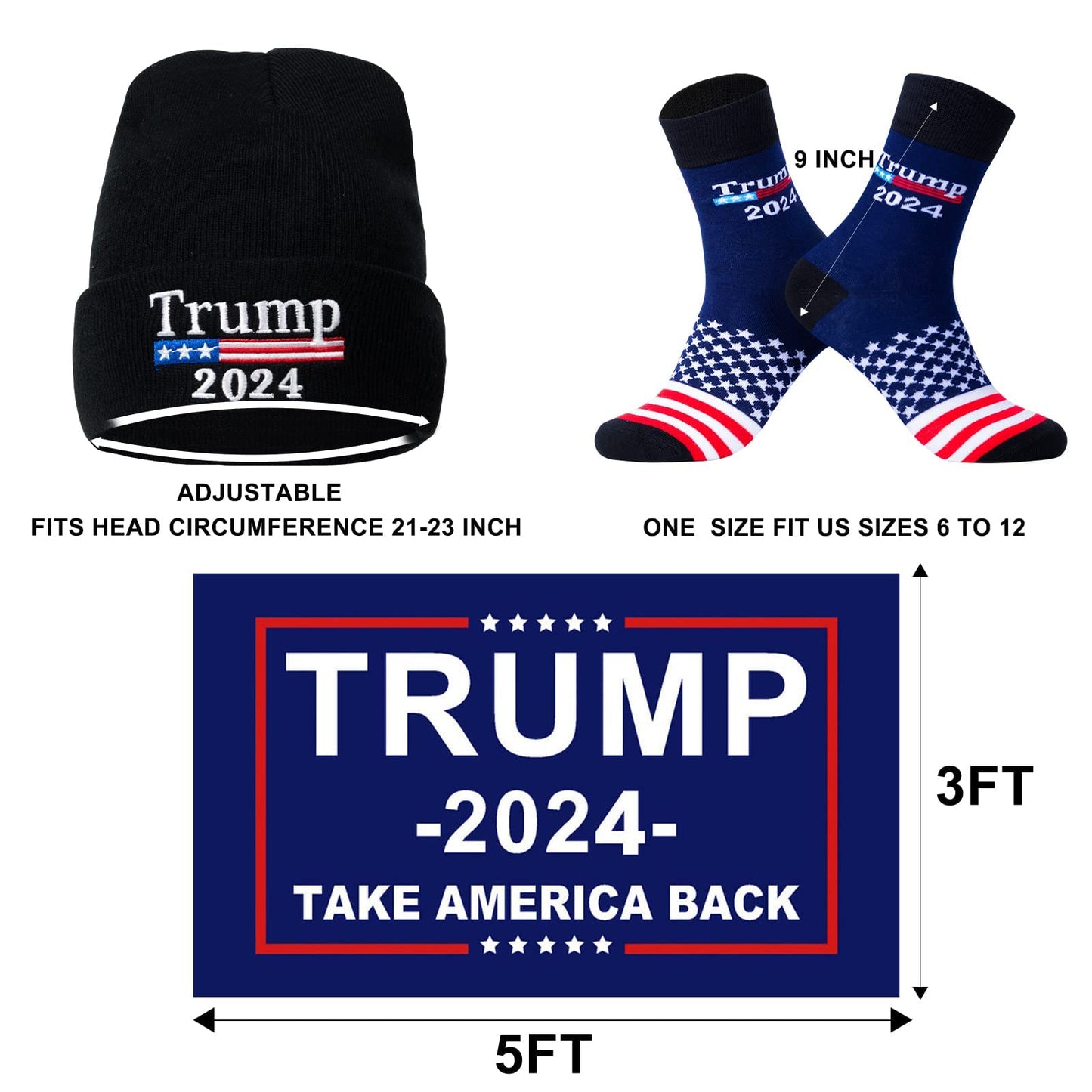 Trump 2024 Flag 3X5 Feet Beanie Hat and Novelty Socks for Men Women,Christimas Gifts Stocking Stuffers for Father Dad Grandpa