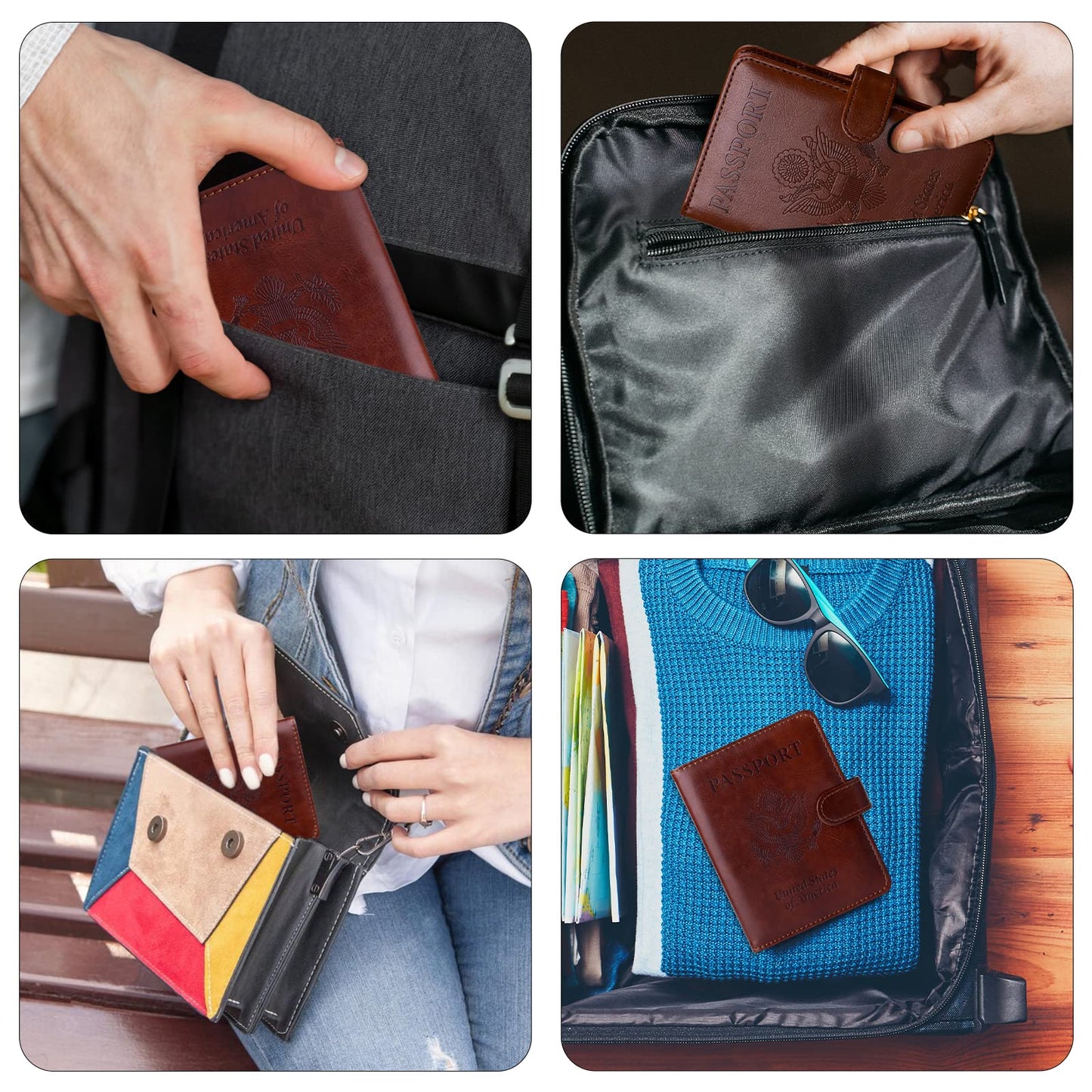 GOAUS Passport Holder with Money Pocket and Card Slots, Men Women Passport Wallet, RFID Blocking Passport Cover, Passport Book Case Brown