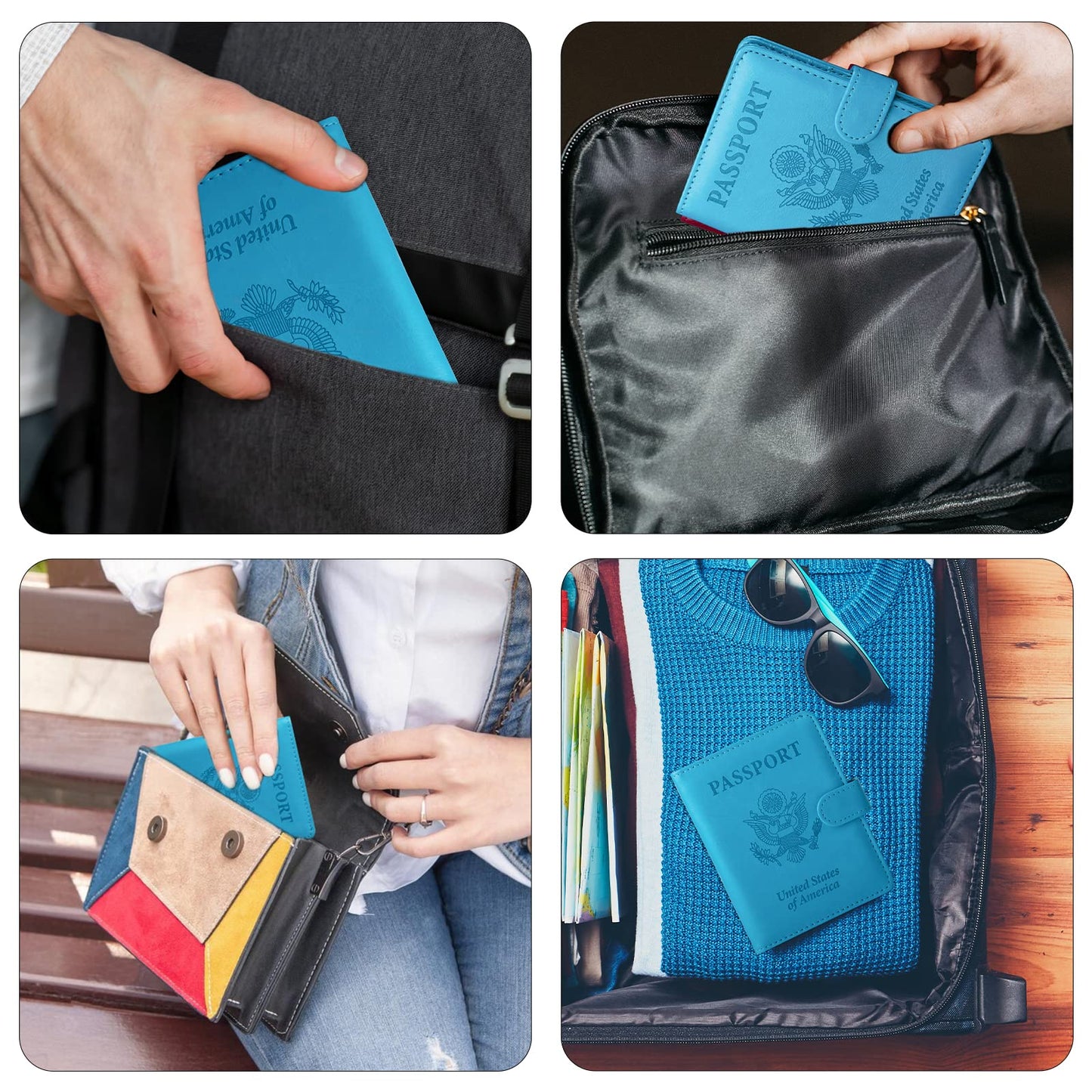 GOAUS Passport Holder with Money Pocket and Card Slots, Men Women Passport Wallet, RFID Blocking Passport Cover, Passport Book Case Blue