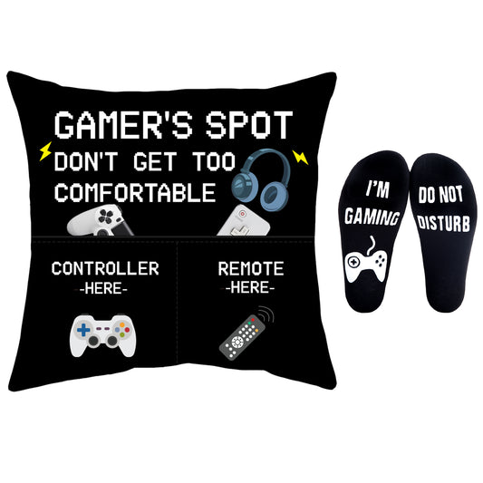 Gamer Gifts Pillow Cover Case 18x18 inch with Dual Pockets and Funny Gamer Socks, Gaming Room Decor Party Decorations, Teenage Gift Idea Christmas Stocking Stuffers for Teen Boys Men Him