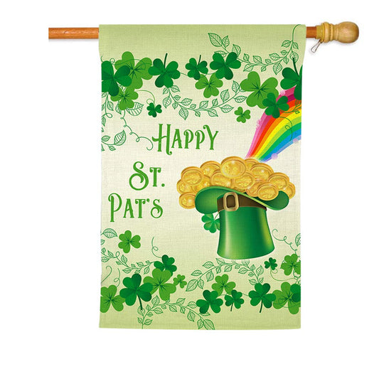 Happy St. Patrick's Day Large House Flag,Clovers Irish Green Shamrocks,Leprechaun Top Hat Gold Coin Rainbow,Double Sided Burlap Garden Flags for Home Lawn Yard Indoor Outdoor Decor,28 x 40 Inch