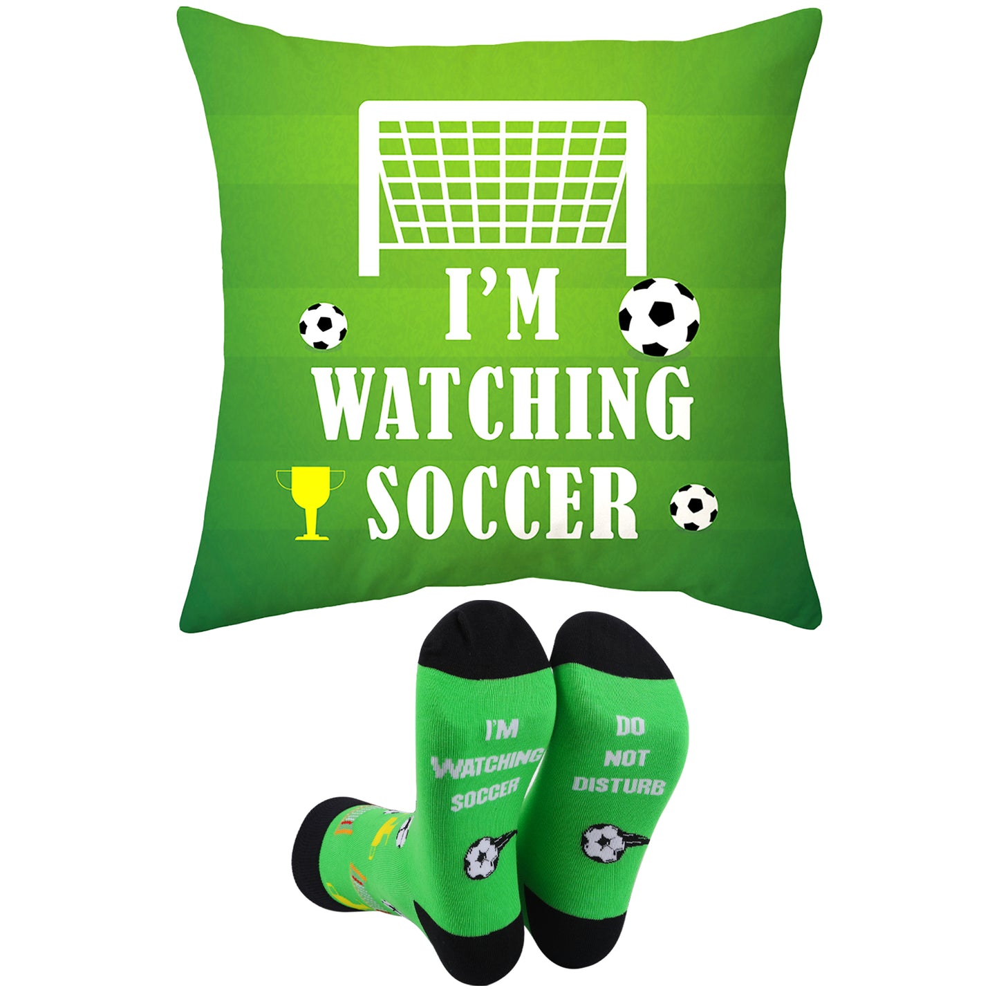 Soccer Gifts Pillow Cover Case 18x18 inch and Funny Soccer Socks Combo, Sports Room Decor Party Decorations Supplies, Soccer Lover Gift Idea Christmas Stocking Stuffers for Teen Boys Men Him