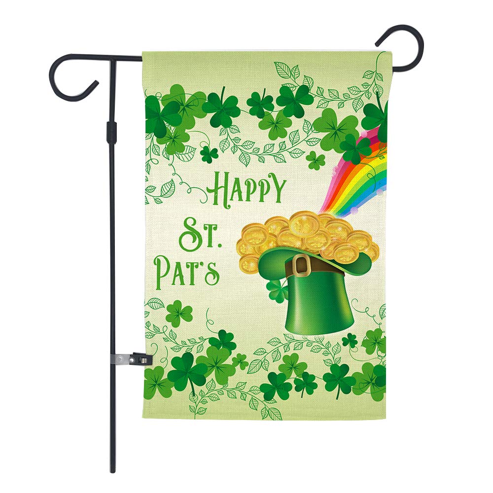 Happy St. Patrick's Day Garden Flag ,Clovers Irish Green Shamrocks,Leprechaun Top Hat Gold Coin Rainbow,Double Sided Burlap Decorative House Flags for Home Lawn Yard Indoor Outdoor Decor,12 x 18 Inch…