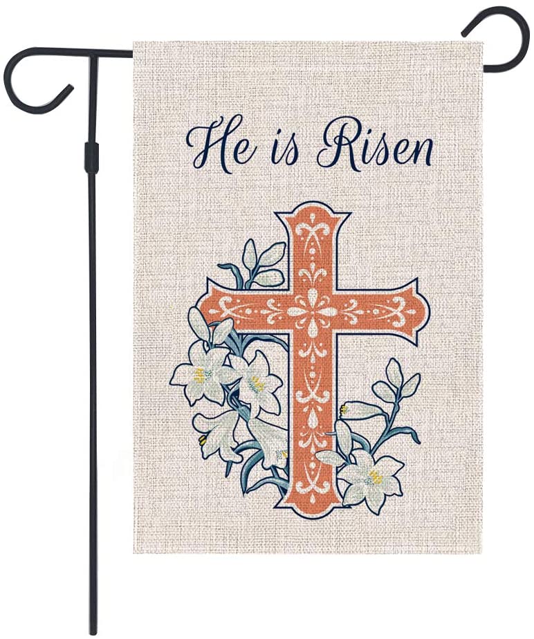 GOAUS He is Risen Cross and Lilies Easter Small Purple Garden Flag,Double Sided Burlap Decorative Spring House Flags for Home Lawn Yard Indoor Outdoor Decor,12 x 18 Inch