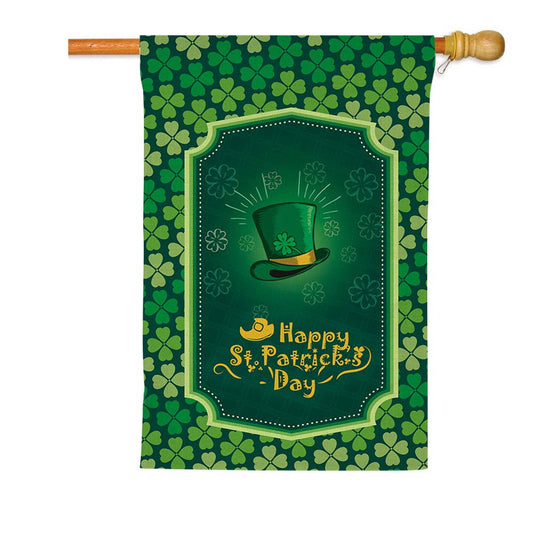 Happy St. Patrick's Day Large House Flag,Clovers Irish Green Shamrocks,Leprechaun Top Hat,Double Sided Burlap Decorative Garden Flags for Home Lawn Yard Indoor Outdoor Decor,28 x 40 Inch