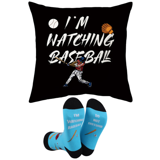 Baseball Gifts Pillow Cover Case 18x18 inch and Funny Socks Combo, Sports Room Decor Party Decorations Supplies, Baseball Lover Gift Idea Christmas Stocking Stuffers for Teen Boys Men Him