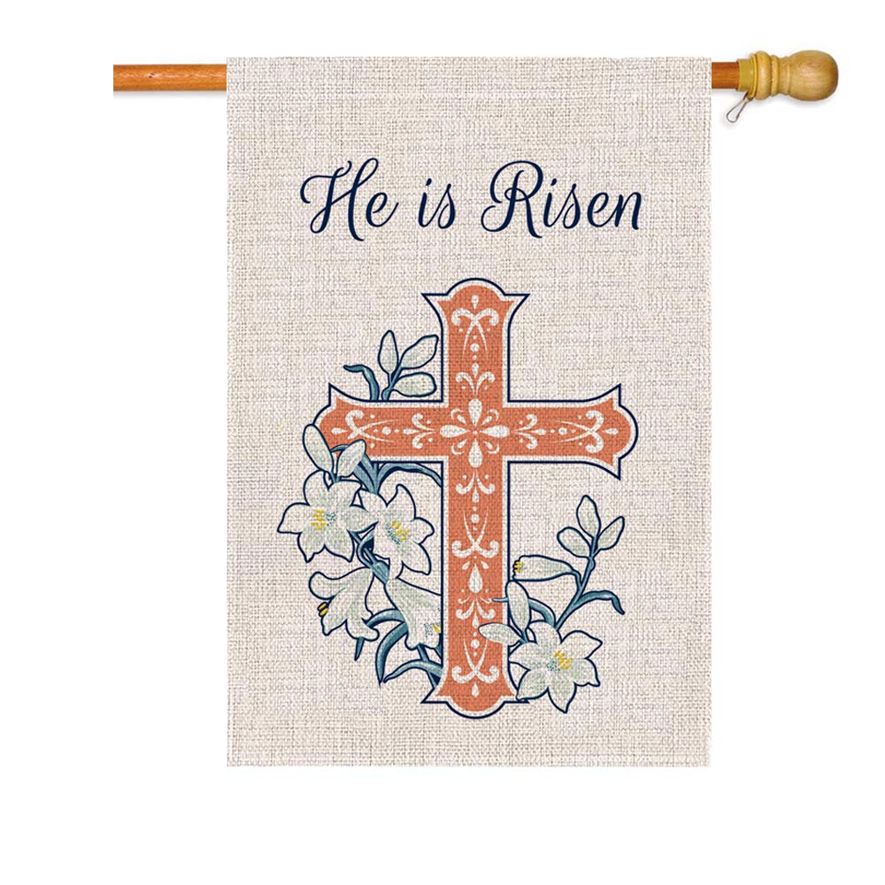 GOAUS He is Risen Cross and Lilies Easter Large House Flag,Double Sided Burlap Decorative Spring Garden Flags for Home Lawn Yard Indoor Outdoor Decor,28 x 40 Inch