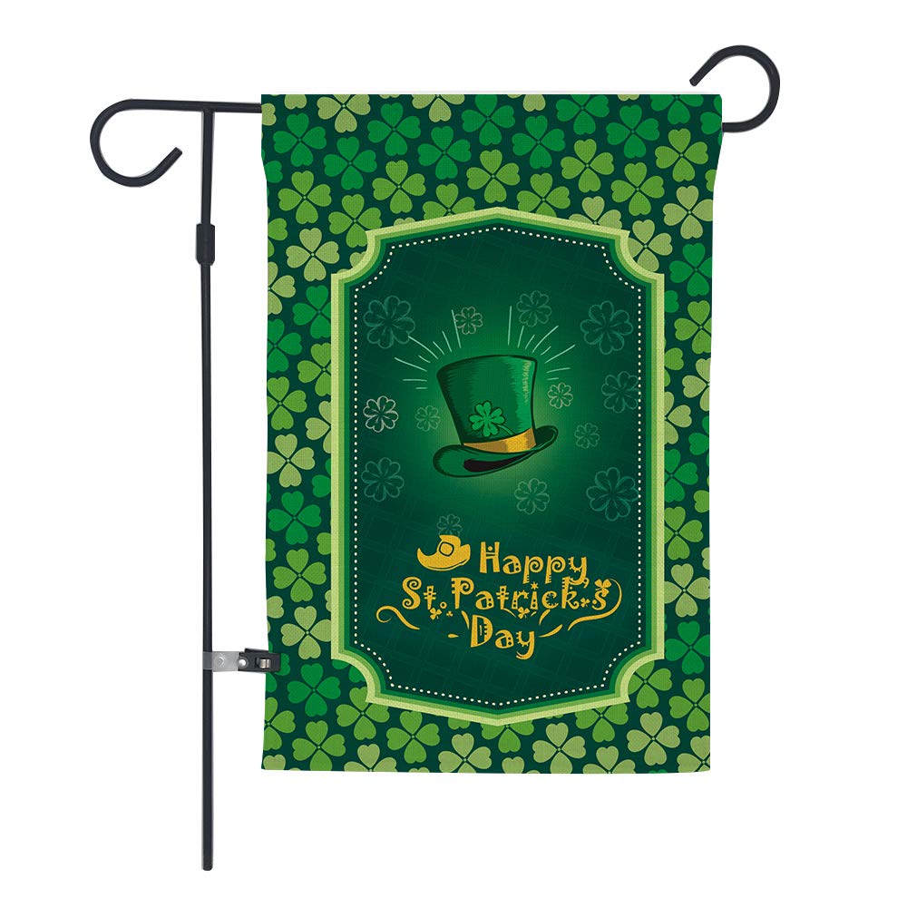 Happy St. Patrick's Day Garden Flag,Clovers Irish Green Shamrocks,Leprechaun Top Hat,Double Sided Burlap Decorative House Flags for Home Lawn Yard Indoor Outdoor Decor,12 x 18 Inch…