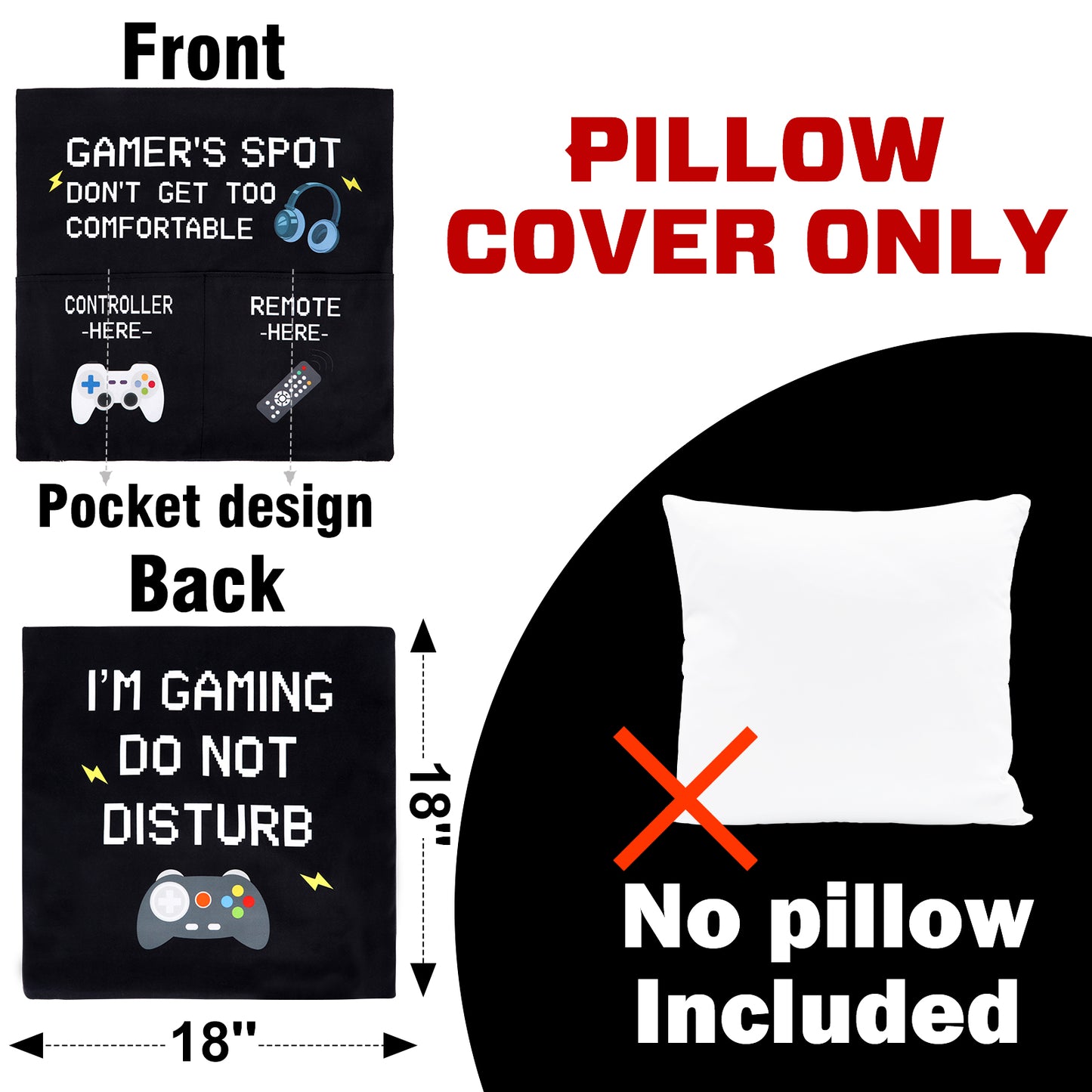 Gamer Gifts Pillow Cover Case 18x18 inch with Dual Pockets and Funny Gamer Socks, Gaming Room Decor Party Decorations, Teenage Gift Idea Christmas Stocking Stuffers for Teen Boys Men Him