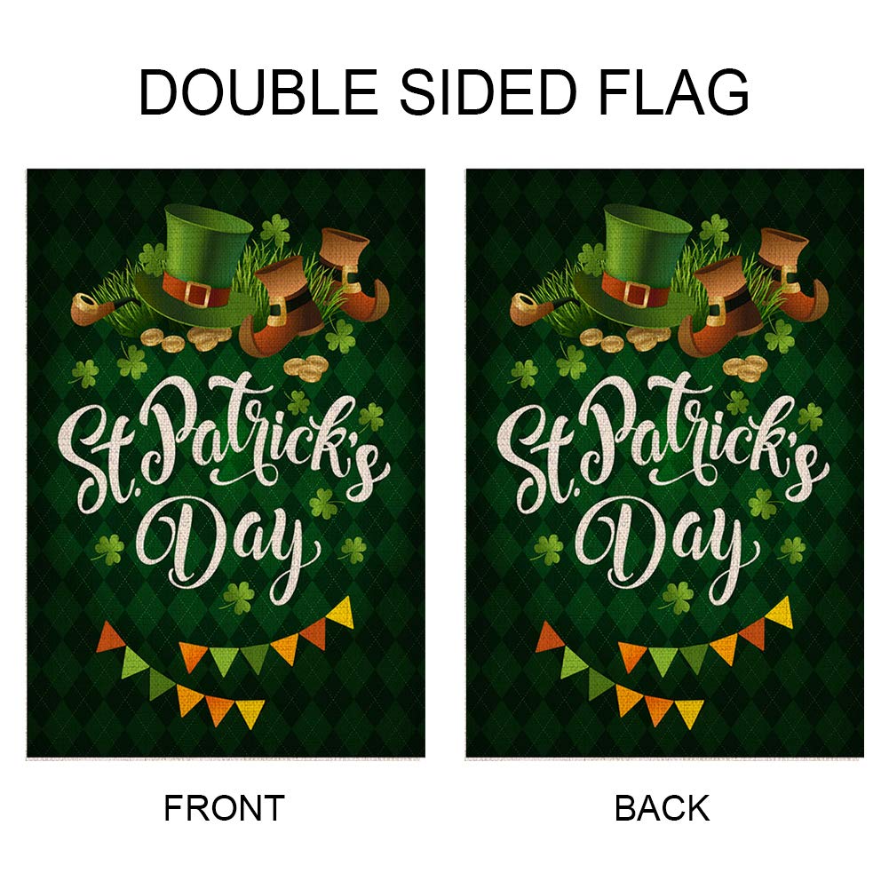 Happy St. Patrick's Day House Flag,Clovers Irish Green Shamrocks,Leprechaun Top Hat Gold Coin,Double Sided Burlap Decorative Garden Flags for Home Lawn Yard Indoor Outdoor Decor,28 x 40 Inch