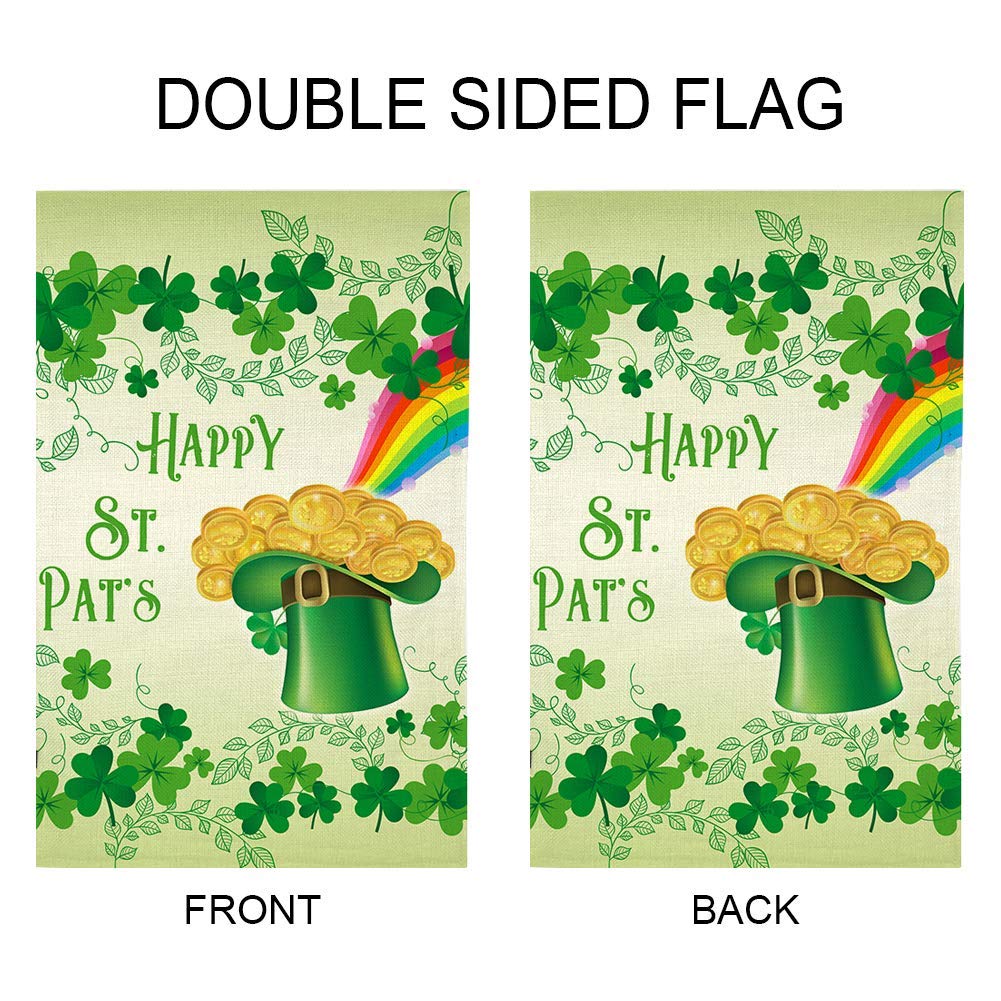 Happy St. Patrick's Day Garden Flag ,Clovers Irish Green Shamrocks,Leprechaun Top Hat Gold Coin Rainbow,Double Sided Burlap Decorative House Flags for Home Lawn Yard Indoor Outdoor Decor,12 x 18 Inch…