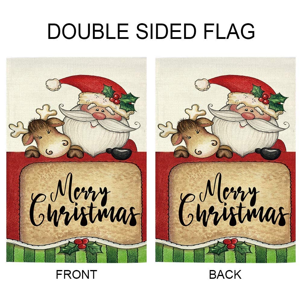 GOAUS Merry Christmas Garden Flag,Santa Claus and Cute Sleigh Reindeer,Double Sided Burlap Decorative House Flags for Home Lawn Yard Indoor Outdoor Decor,12 x 18 Inch