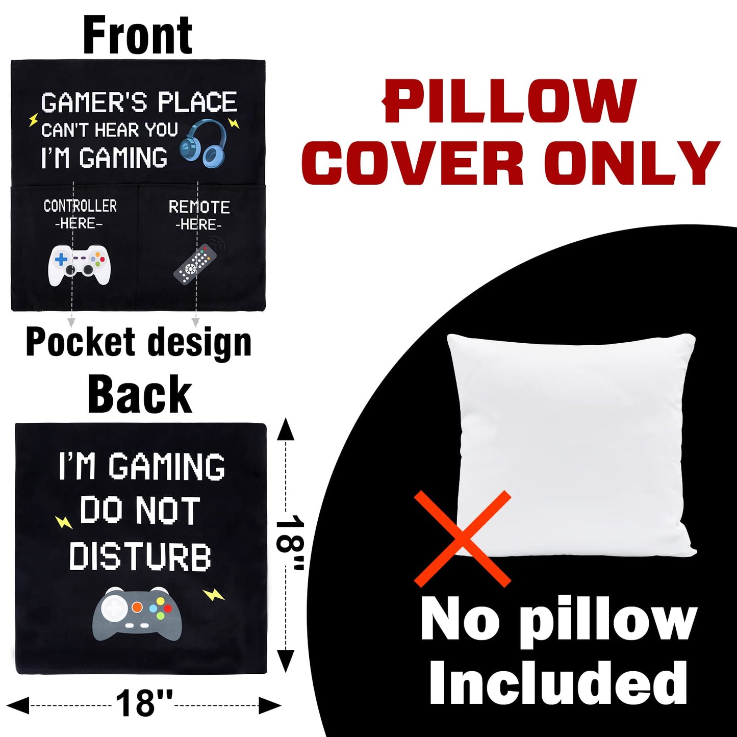 Gamer Gifts Pillow Cover Case 18x18 inch with Dual Pockets and Funny Gamer Socks Set, Teenage Gift Idea Christmas Stocking Stuffers for Teen Boys Men Him, Gaming Room Decor Party Decorations